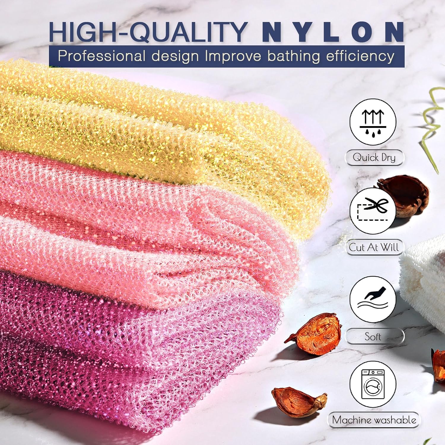 UJFQBH 3 Pieces African Bath Sponge African Net Long Net Bath Sponge Exfoliating Shower Body Scrubber Back Scrubber Skin Smoother,Great for Daily Use (Pink,Yellow,Purple)