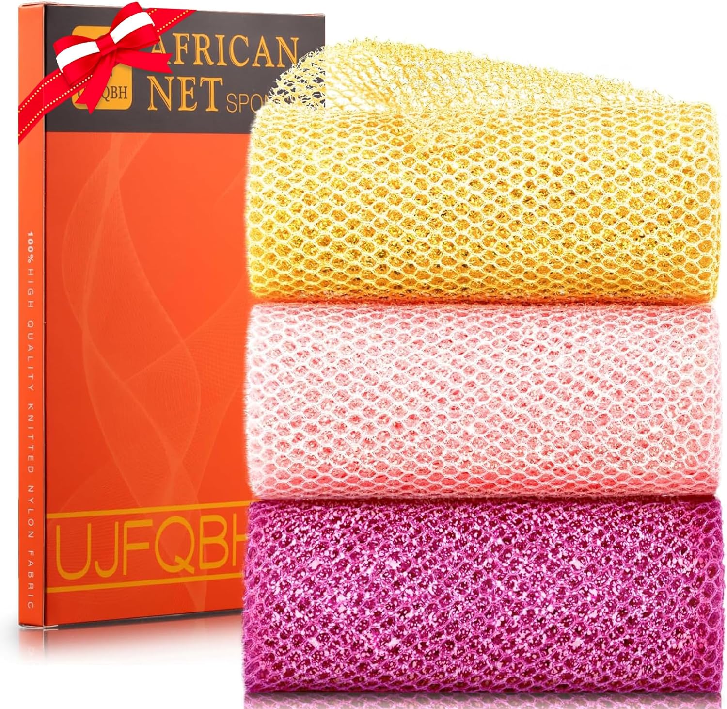 UJFQBH 3 Pieces African Bath Sponge African Net Long Net Bath Sponge Exfoliating Shower Body Scrubber Back Scrubber Skin Smoother,Great for Daily Use (Pink,Yellow,Purple)