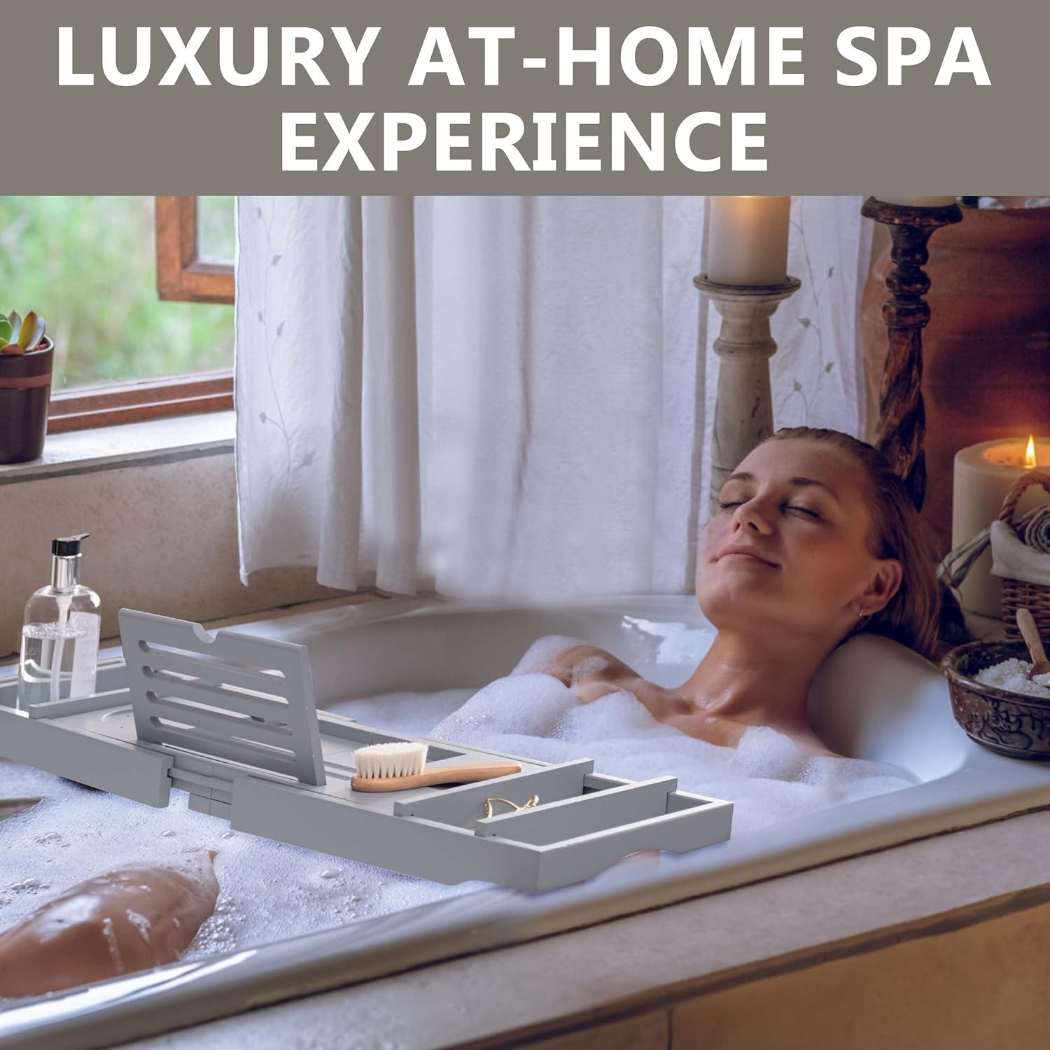 HBlife Bathtub Caddy Tray Foldable Bamboo Bath Table Tray with Book and Wine Glass Holder, Expandable Bathroom Accessories