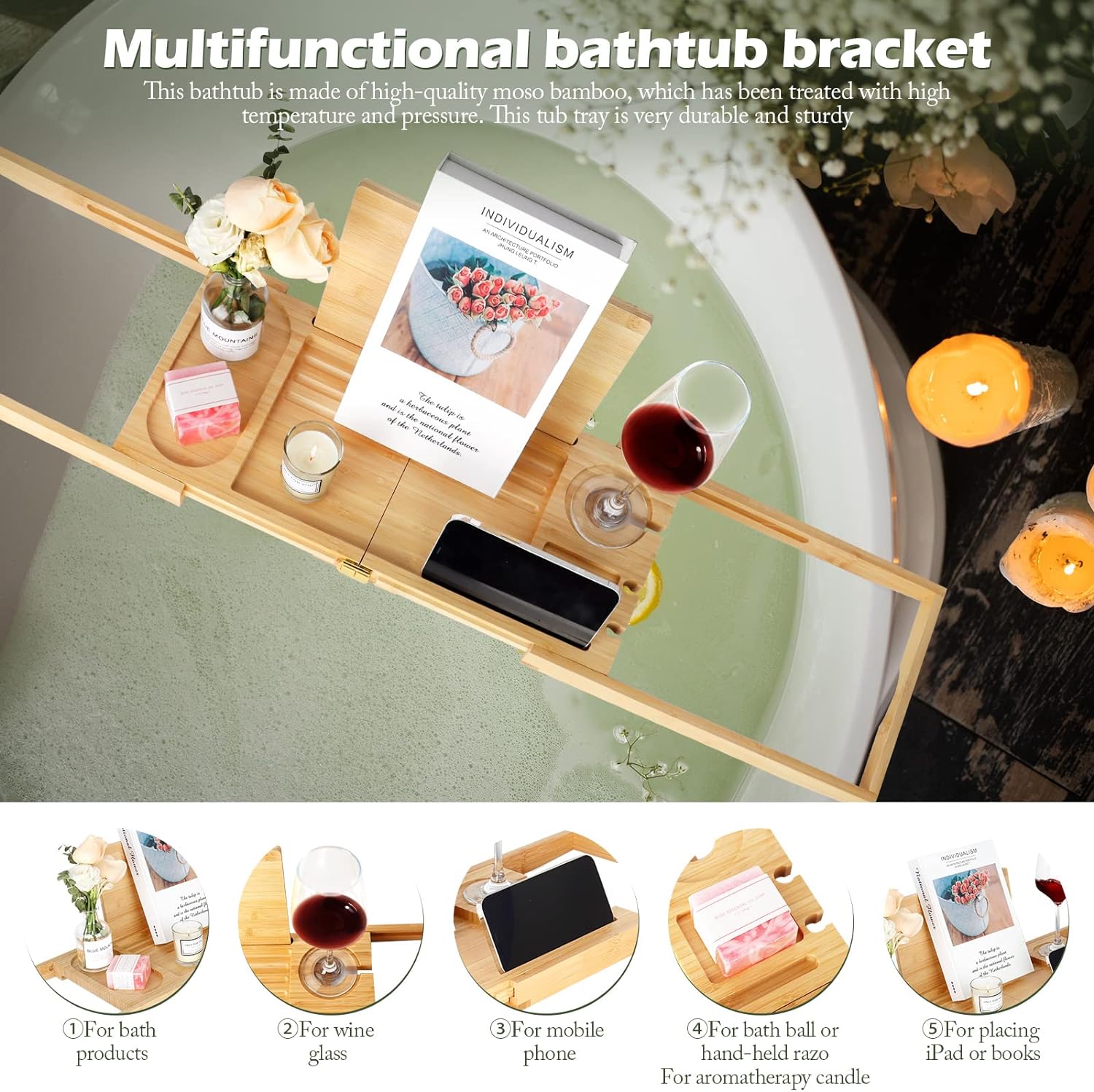 HMGDFUE Bamboo Bathtub Tray for Luxury Bath,Foldable Expandable Bath Tray for Bathtub Bath Tub Tray Table with Wine Glass Holder and Phone Book Holder for Couples Wedding Gifts for Mom Women