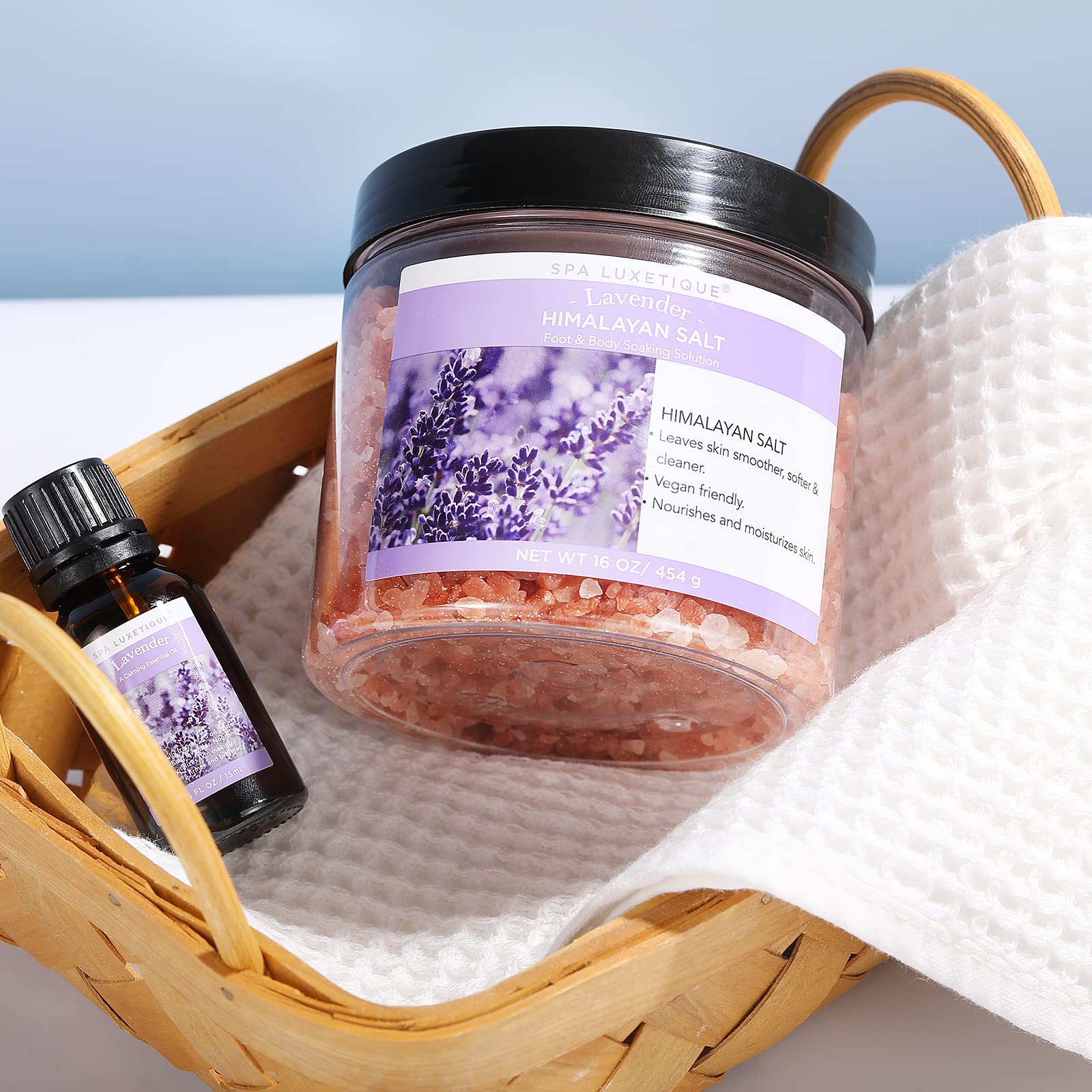 spa luxetique Bath Salts, 8pcs Bath Salts Gift Set with Argan Oil, Bath Bombs, Wooden Scoop, Epsom Salt for Soaking in Lavender, Rose, Chamomile Scent, Mother's Day Gifts