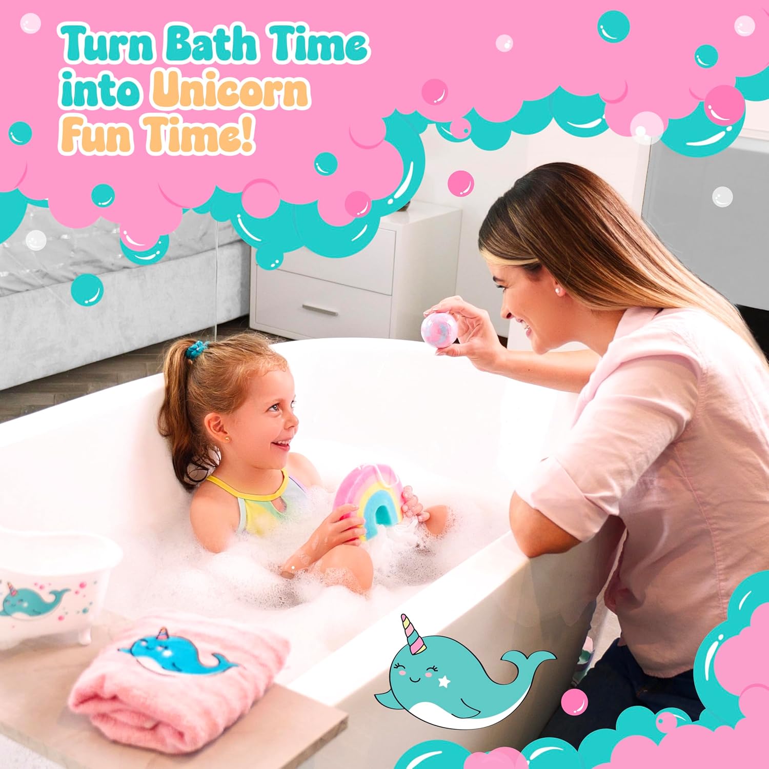 Unicorn Bath Gift Set for Girls Ages 3-8,10 pcs Kids Gift Box with Bath Bombs,Sponge,Eye mask&Hairbrush,Fun Birtday and Holiday Present,Lovely gifts.