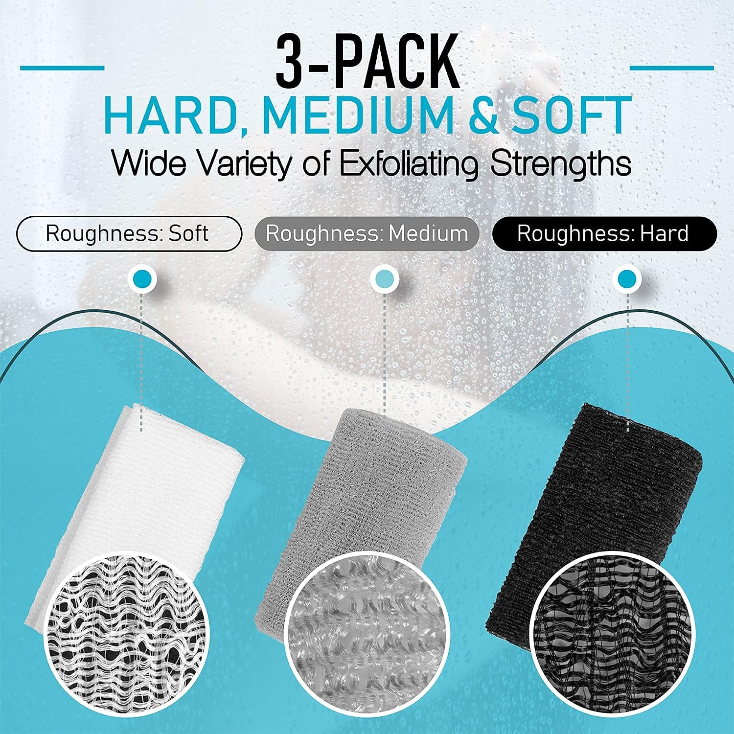 Exfoliating Body Washcloth Variety Pack (3pc) - Soft, Medium & Hard - Nylon Body Scrub Cloth (11.8" X 35.4") - Ideal Bath Shower Back Scrubber for Men & Women - Enhances Skin Beauty