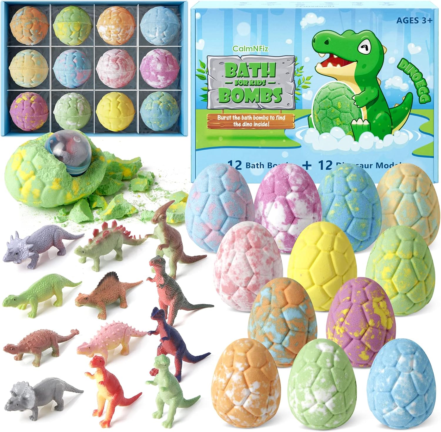CalmNFiz Bath Bombs with Surprise Dinosaur Toys Inside，12 Pack Organic and Natural Bubble Bath Bombs，Bath Bomb Set Gift for Birthday/Christmas Gift for Her/Him