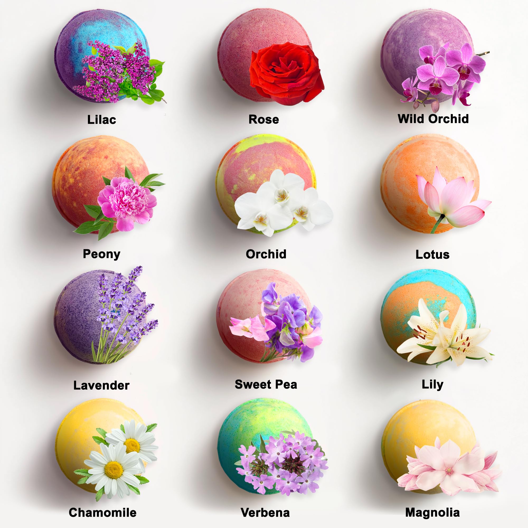 Flower Bath Bombs Gift Set - 12 Large Natural Bathbombs for Women with Scented Essential Oils and Moisturizing Shea Butter + Organic Coconut Oil for Fizzy Bubbles