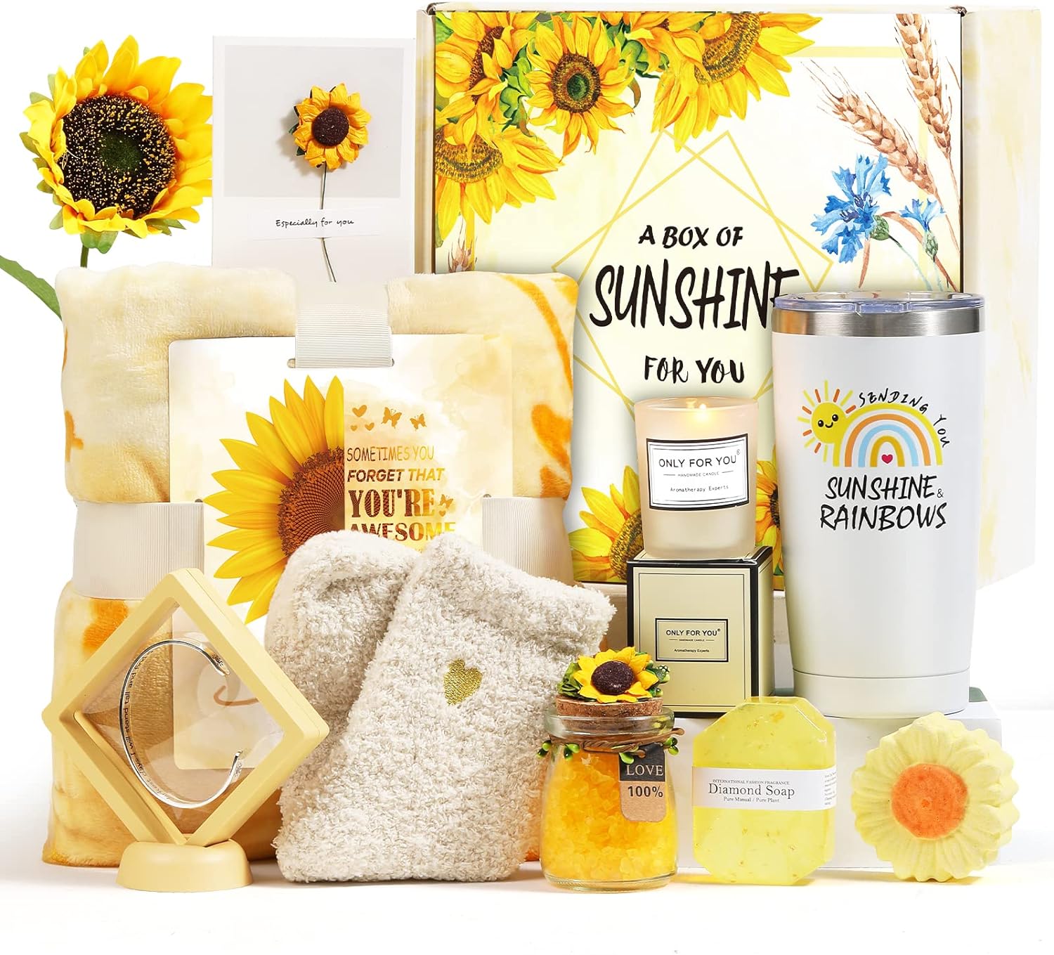 Sending Sunshine Gift, 10 Pcs Sunflower Gifts for Women, Care Package, Get Well Soon Gifts Basket Unique Birthday Gifts Box with Inspirational Blanket Candle for Women, Her, Mom, Wife, Sister