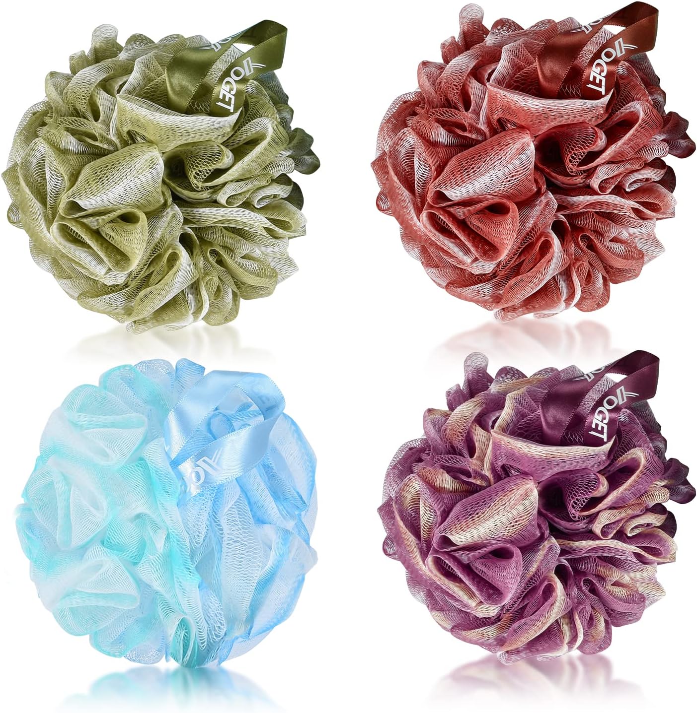 Yoget Charcoal Bath Loofah Sponge, 4 Pack Black 60G Large Shower Mesh Ball Soft Pouf Body Scrubber, Exfoliate, Cleanse, Soothe Skin, Black Loofah with White Trim