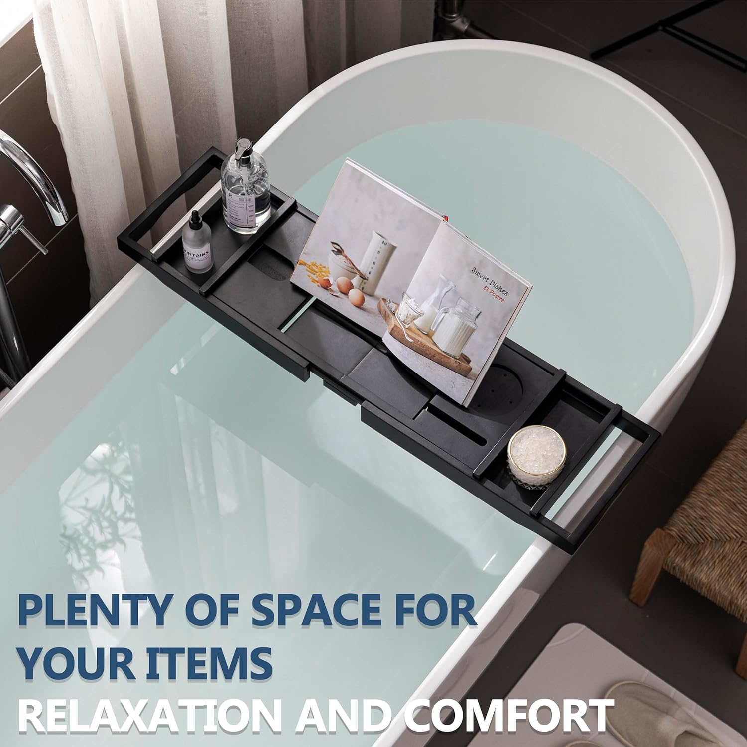 HBlife Bathtub Caddy Tray Foldable Bamboo Bath Table Tray with Book and Wine Glass Holder, Expandable Bathroom Accessories