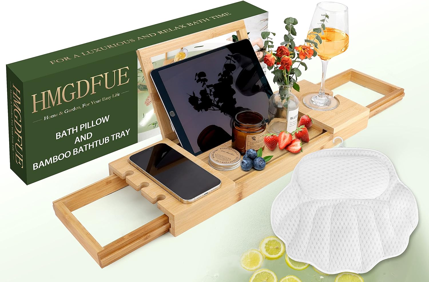 HMGDFUE Bamboo Bathtub Tray for Luxury Bath,Foldable Expandable Bath Tray for Bathtub Bath Tub Tray Table with Wine Glass Holder and Phone Book Holder for Couples Wedding Gifts for Mom Women