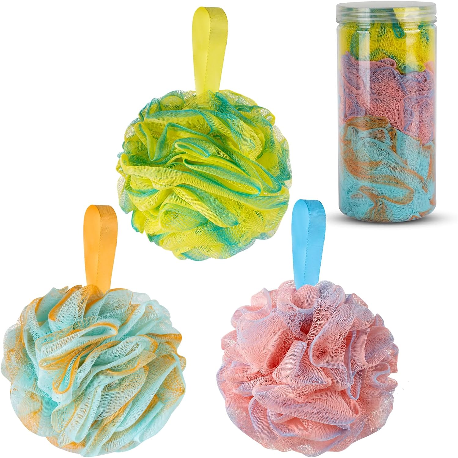 Multi Color Optional Shower Ball Soft Sponge Scrubbing, Exfoliating and Skincare Removing Bath Sponge Luffa Body Scrub Cotton Mesh Bag Shower Ball Exfoliating Bath Sponge3Pack (65g/pcs)