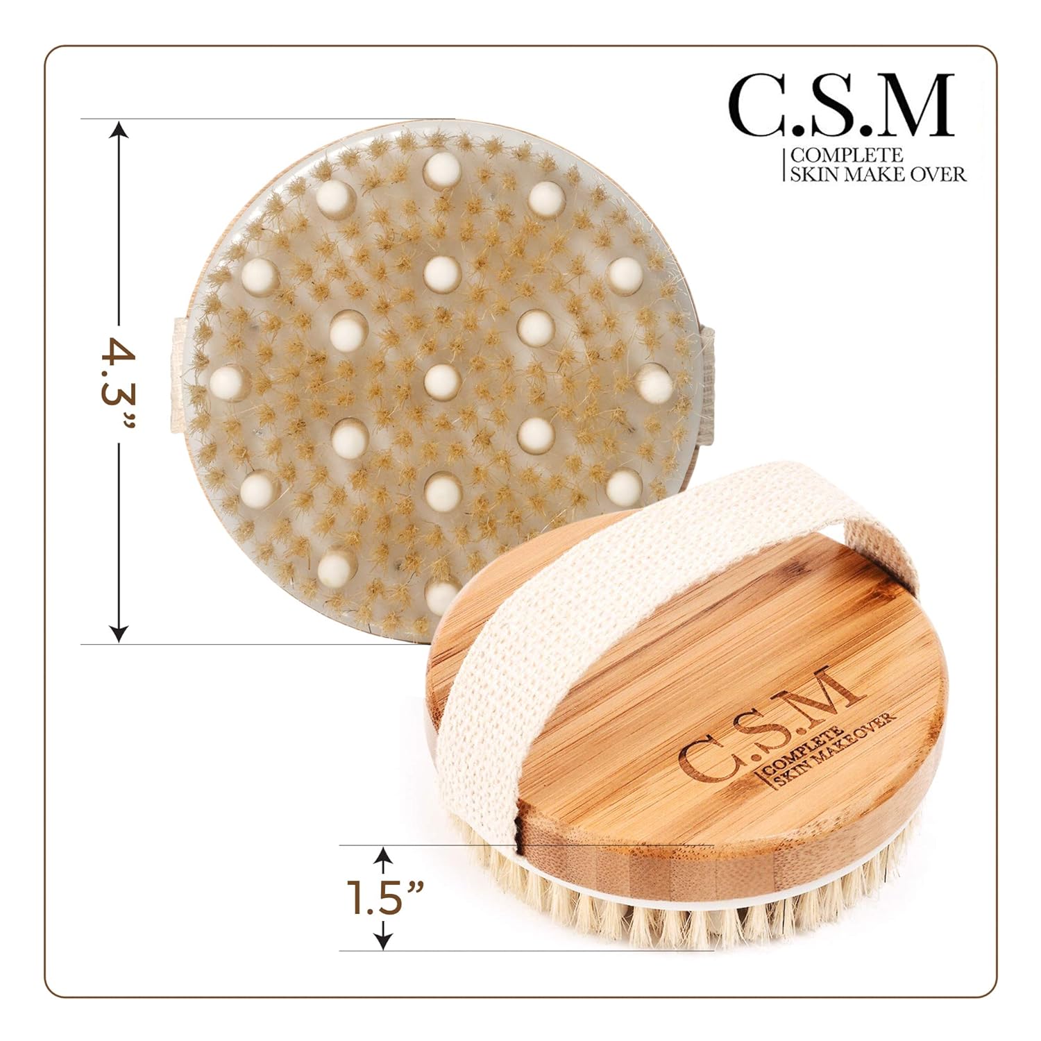 CSM Dry Body Brush for Beautiful Skin - Solid Wood Frame & Boar Hair Exfoliating Brush to Exfoliate & Soften Skin, Improve Circulation, Stop Ingrown Hairs, and Reduce The Appearance Cellulite