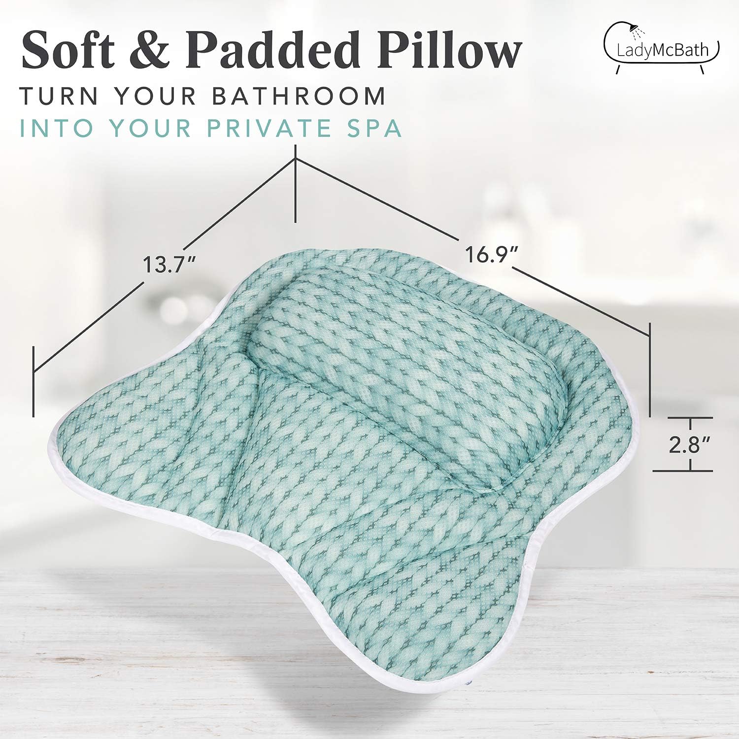 Lady McBath Bath Pillow - Luxury Bath Pillows for Tub Neck and Back Support - Powerful Suction Cups, Machine Washable Bathtub Accessory for Relaxation (Turquoise)