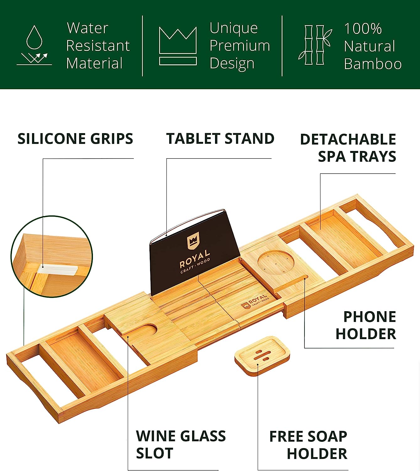 ROYAL CRAFT WOOD Foldable Bathtub Tray Caddy Bamboo Bathtub Tray Expandable, Bath Tub Table Caddy with Extending Sides - Free Soap Dish