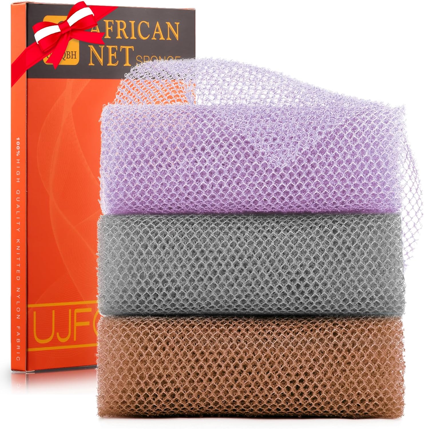 UJFQBH 3 Pieces African Bath Sponge African Net Long Net Bath Sponge Exfoliating Shower Body Scrubber Back Scrubber Skin Smoother,Great for Daily Use (Pink,Yellow,Purple)