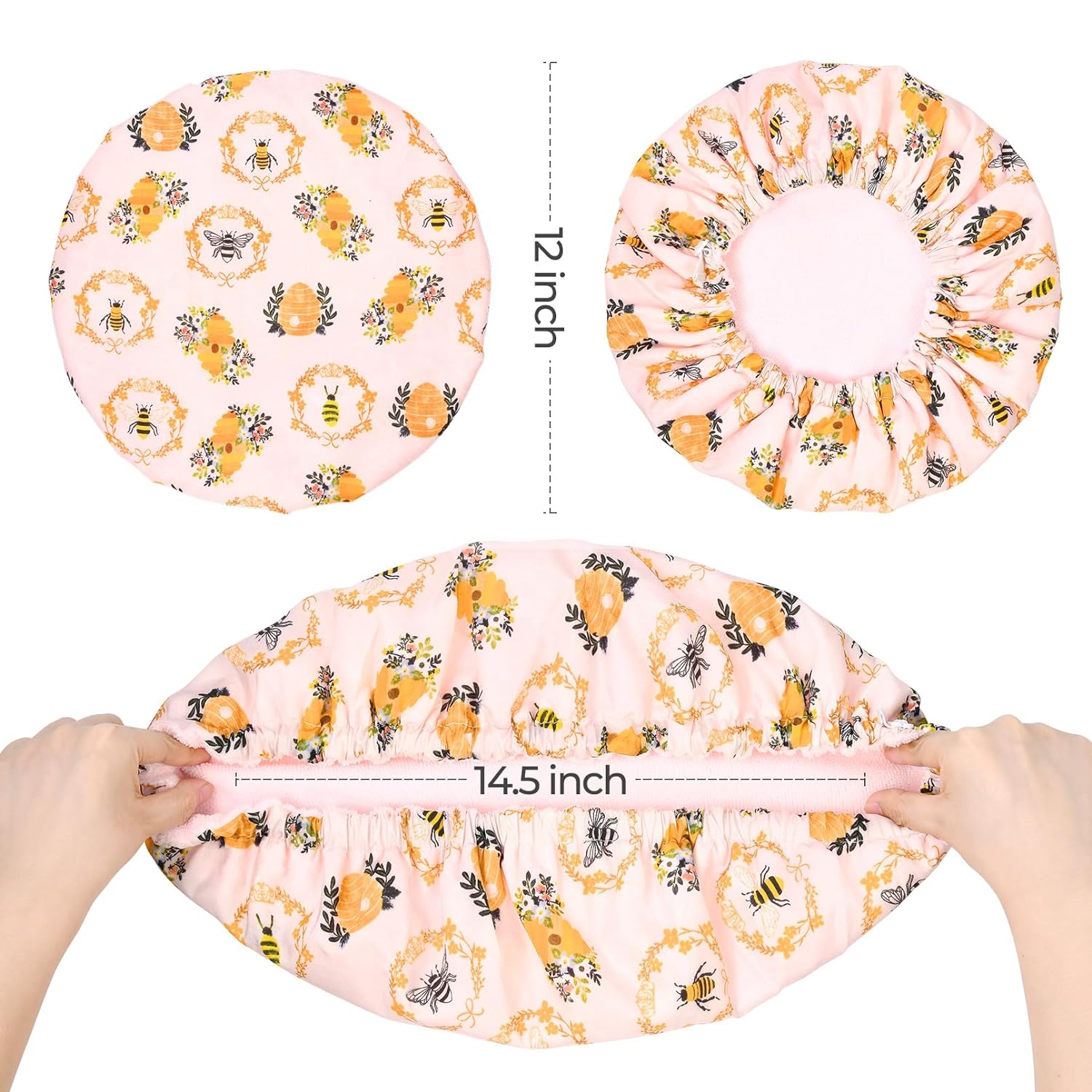 Shower Cap for Women Terry Lined Bath Cap Large Reusable Waterproof Elastic Band Pink Shower Caps for Long Thick Hair Soft Bath Shower Hair Caps