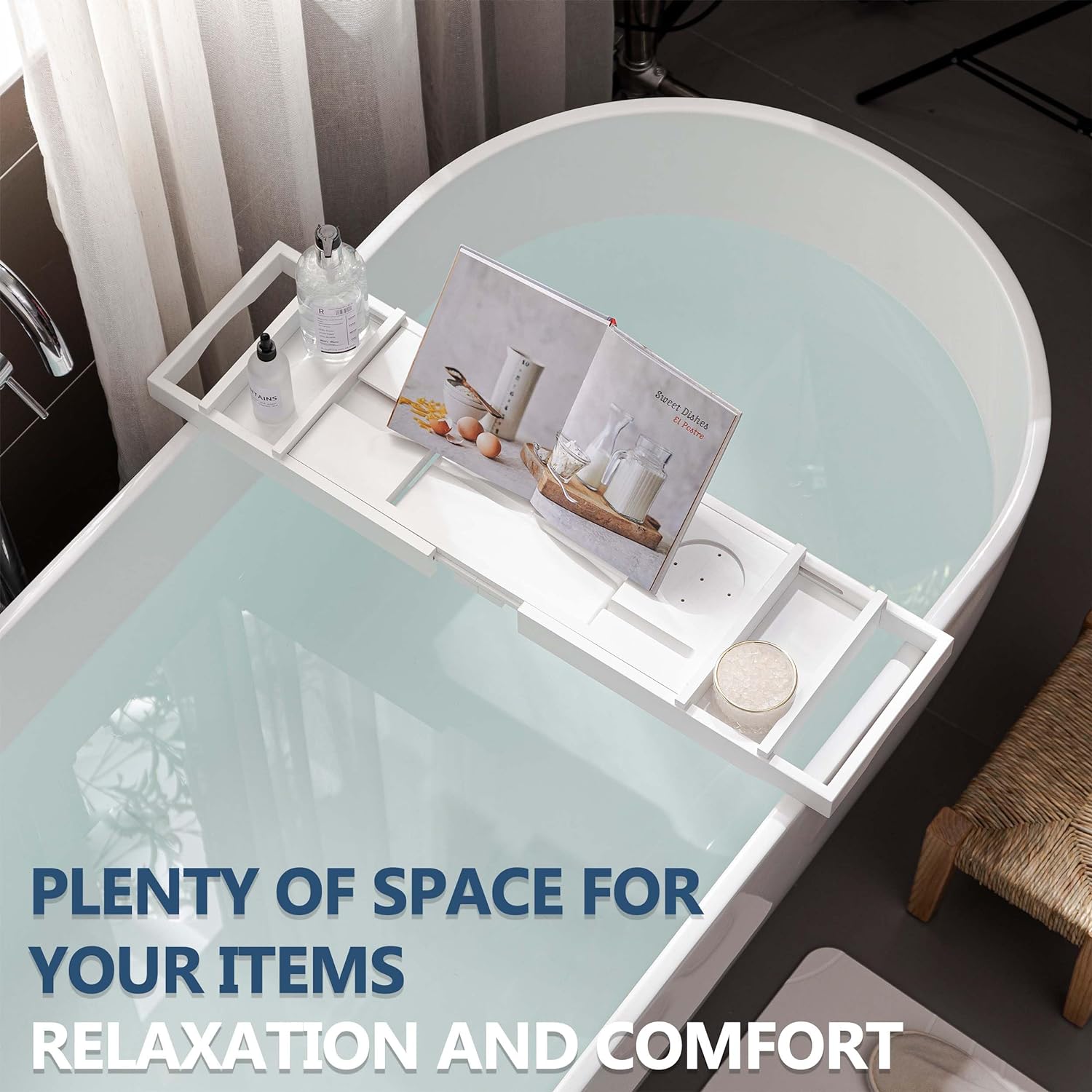 HBlife Bathtub Caddy Tray Foldable Bamboo Bath Table Tray with Book and Wine Glass Holder, Expandable Bathroom Accessories