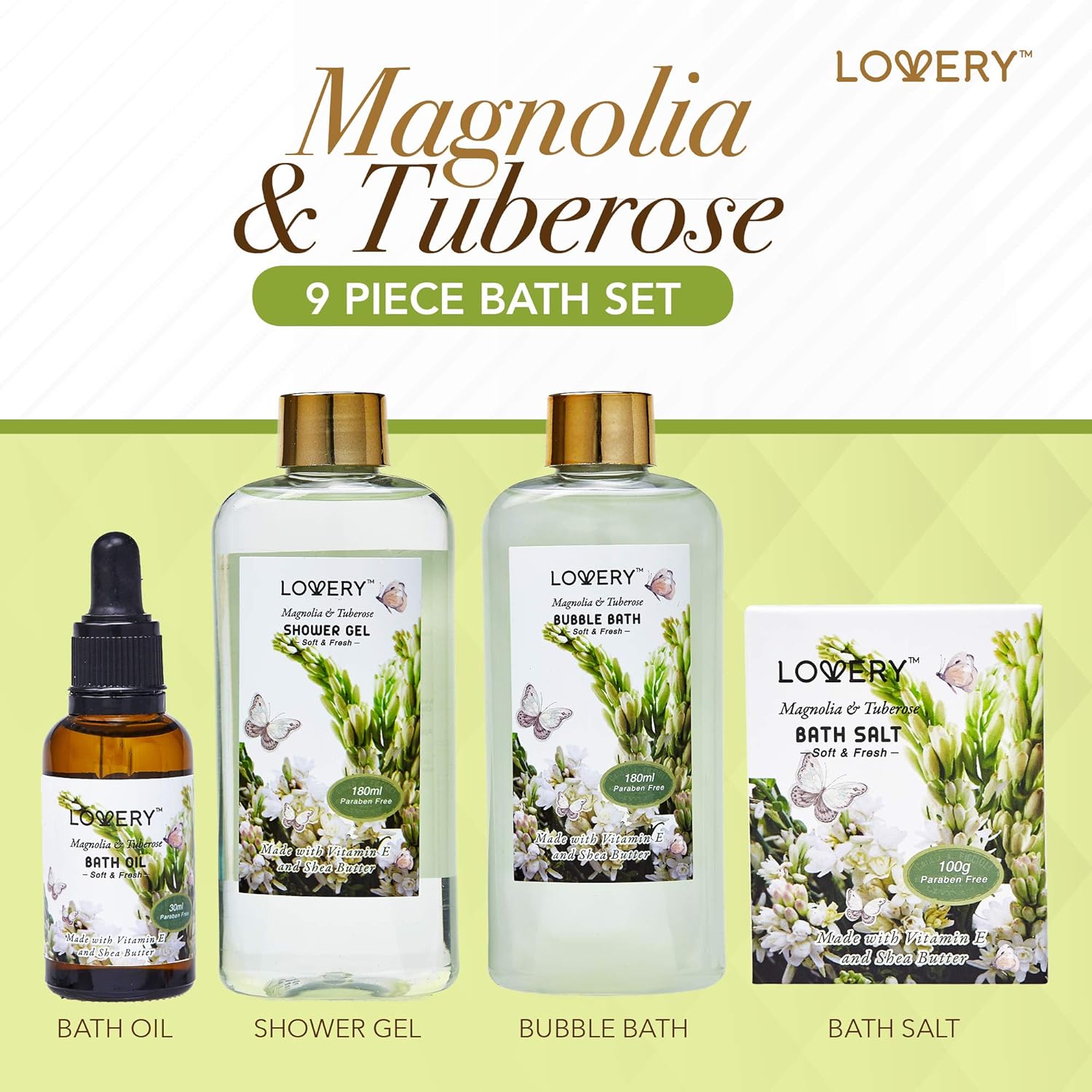 Valentines Day Gifts from Daughter and Son, Bath and Body Birthday Gift Basket For Women and Men – Magnolia & Tuberose Home Spa Set, Includes Fragrant Lotions, Massage Oil, Bath Towel & More - 9pc Set