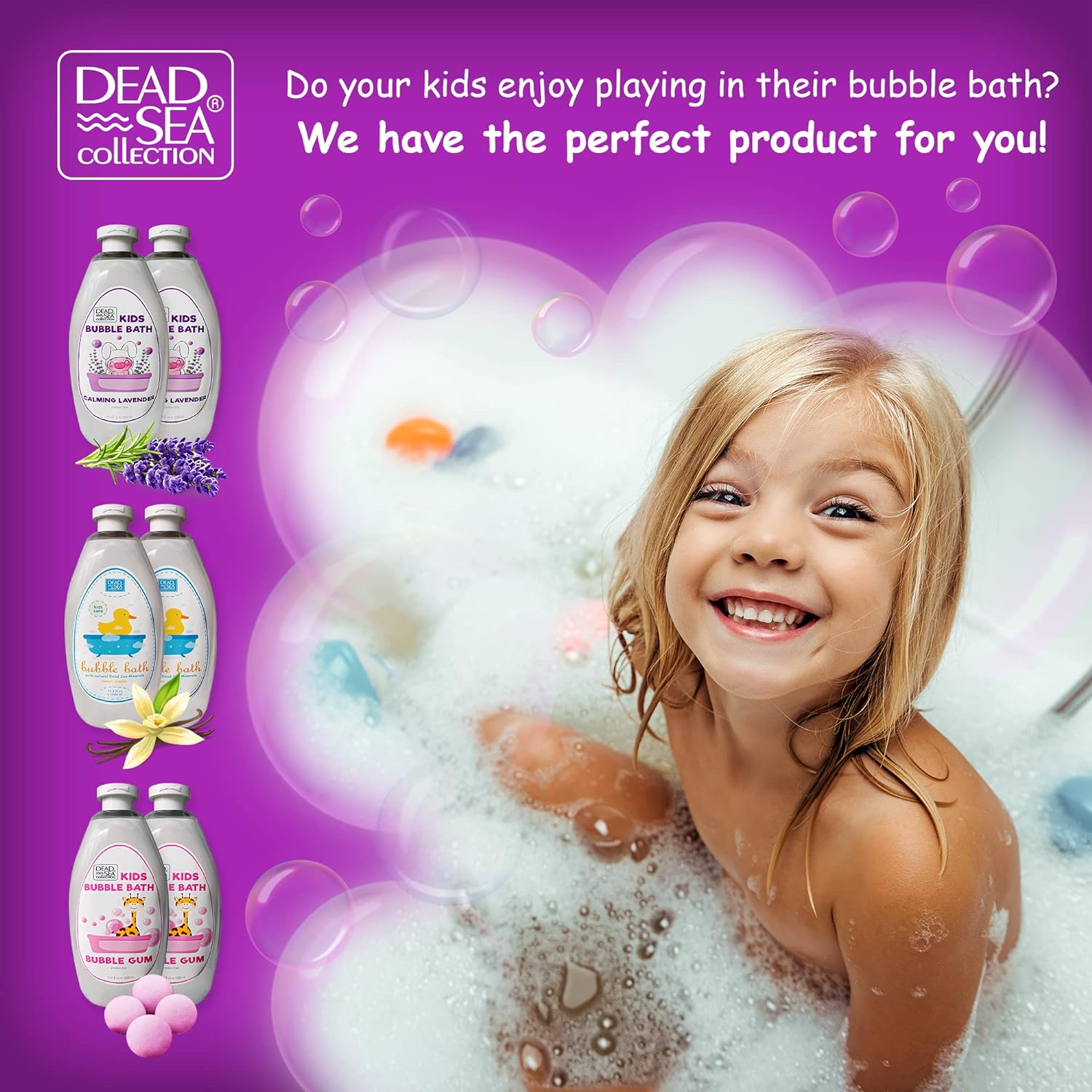 Dead Sea Collection Bubble Bath Kids with Calming Lavender Scent - Cleansing and Moisturizing Kids Bubble Bath - with Natural Dead Sea Minerals - Pack of 2 Large Bottle (33,8 fl oz Each)