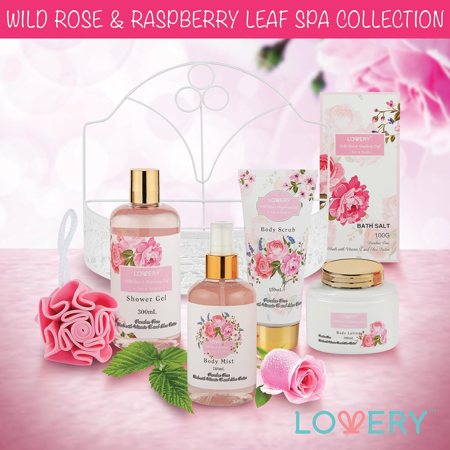 Valentines Gifts, Home Spa Gift Basket - Wild Rose & Raspberry Leaf Scent - 7pc Bath & Body Set for Men and Women - Shower Gel, Body Lotion, Body Scrub, Bath Salt, Body Mist, Bath Puff & Shower Caddy