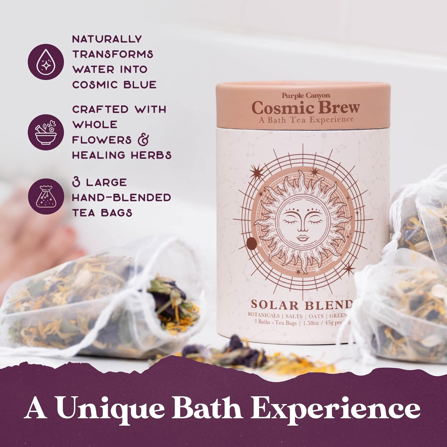 Lunar Blend Bath Tea by Purple Canyon | 3 Relaxing Bath Soaks with Lavender, Green Tea, Epsom Salt, and Essential Oils | Skin Care Gifts for Women