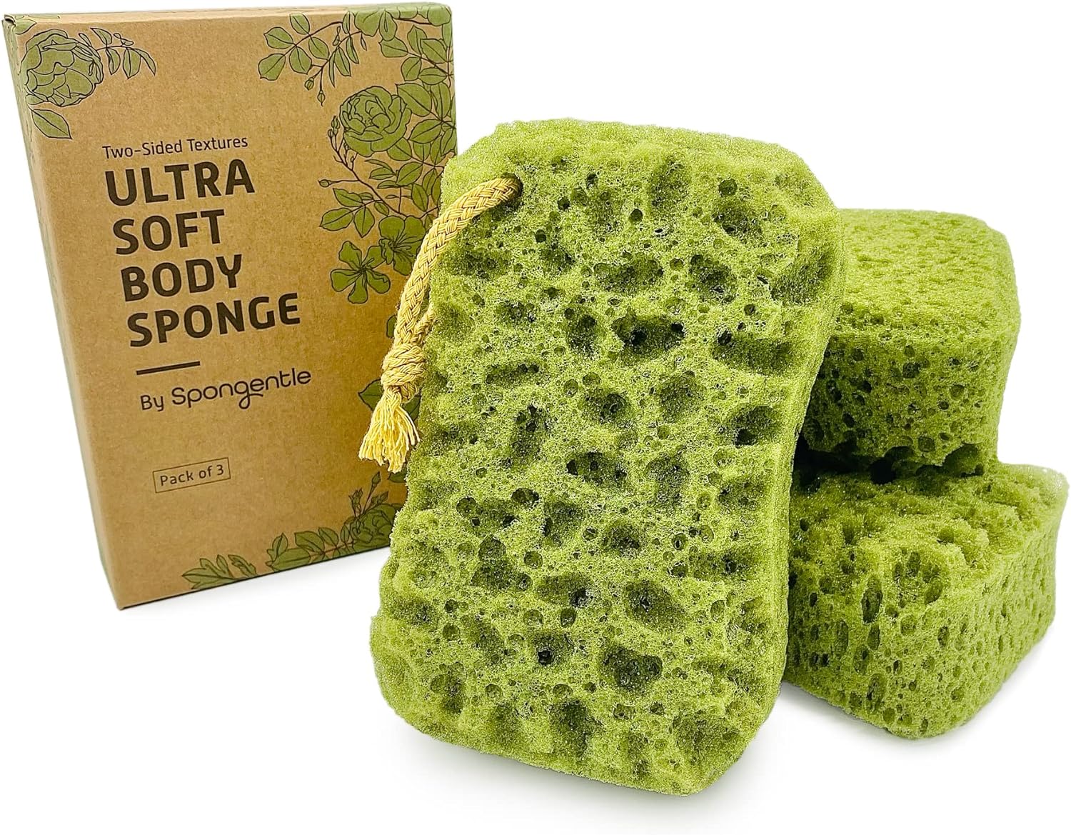 Spongentle Deep Cleansing Body Loofah Sponge, Natural Colors, for Bath and Shower, Multiple Textures for Gentle and Deep Exfoliation, Generous and Rich Lather, (Pack of 3)