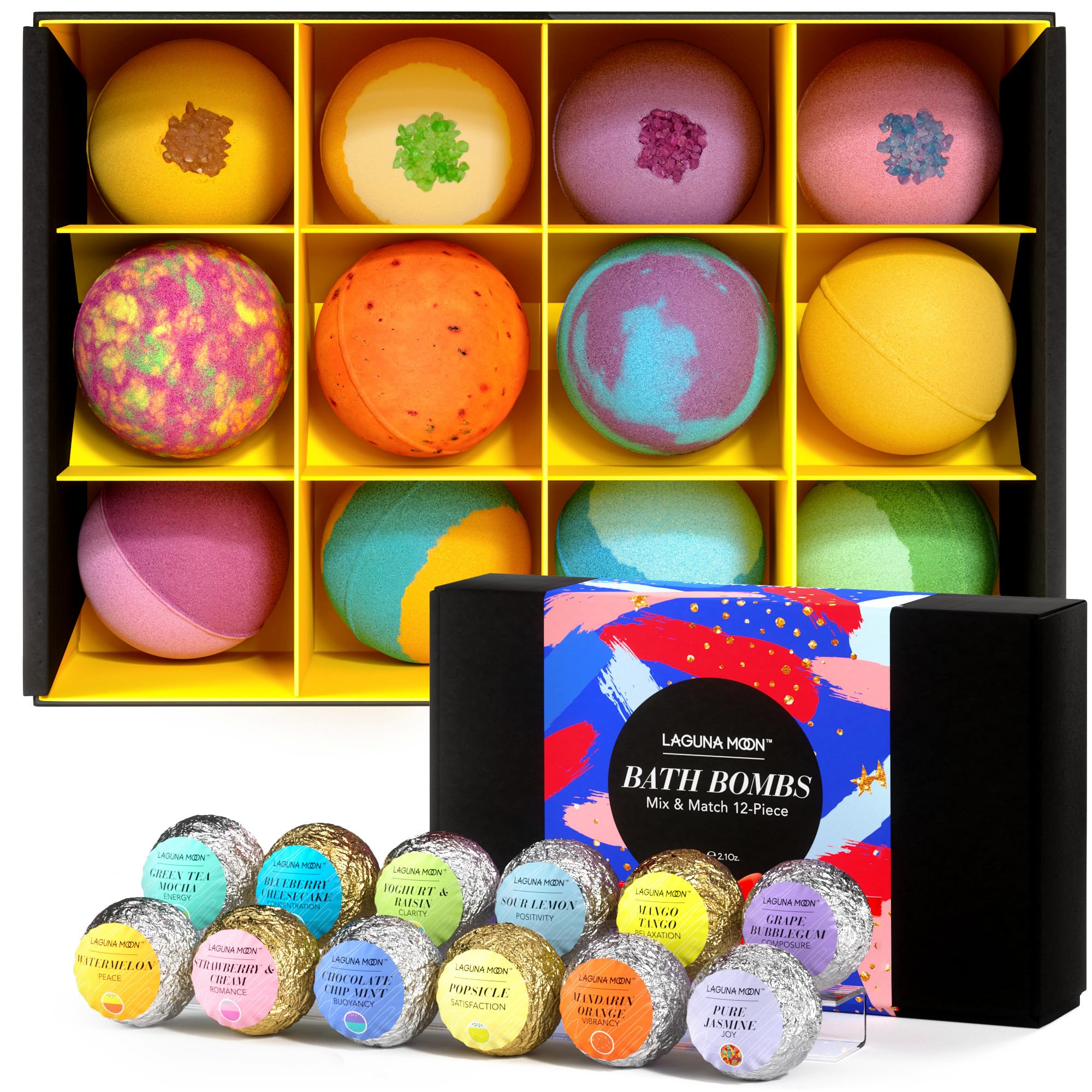 Lagunamoon Bath Bombs Gift Set, 6 Piece XXL Handmade Fizzy Shower Bombs with Essential Oils, Coconut Oil to Moisturize Dry Skin - Relaxing Spa Day for Women, Men, Kids - Birthday, Anniversary