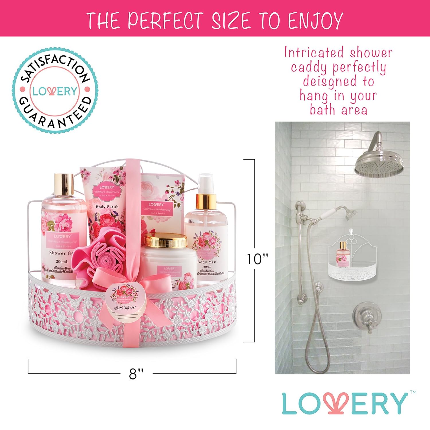 Valentines Gifts, Home Spa Gift Basket - Wild Rose & Raspberry Leaf Scent - 7pc Bath & Body Set for Men and Women - Shower Gel, Body Lotion, Body Scrub, Bath Salt, Body Mist, Bath Puff & Shower Caddy