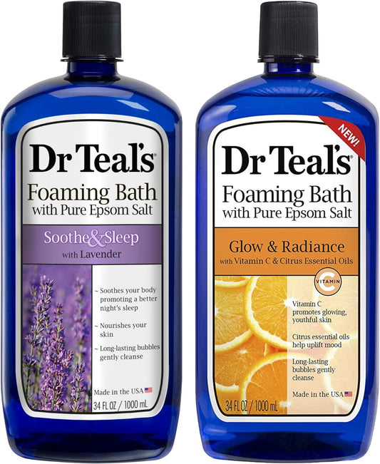 Dr. Teal's Foaming Bath Variety Gift Set (2 Pack, 34oz Ea.) - Soothe & Sleep Lavender, Glow & Radiance Vitamin C and Citrus - Essential Oils Blended with Pure Epsom Salt Relieve Pain & Daily Stress