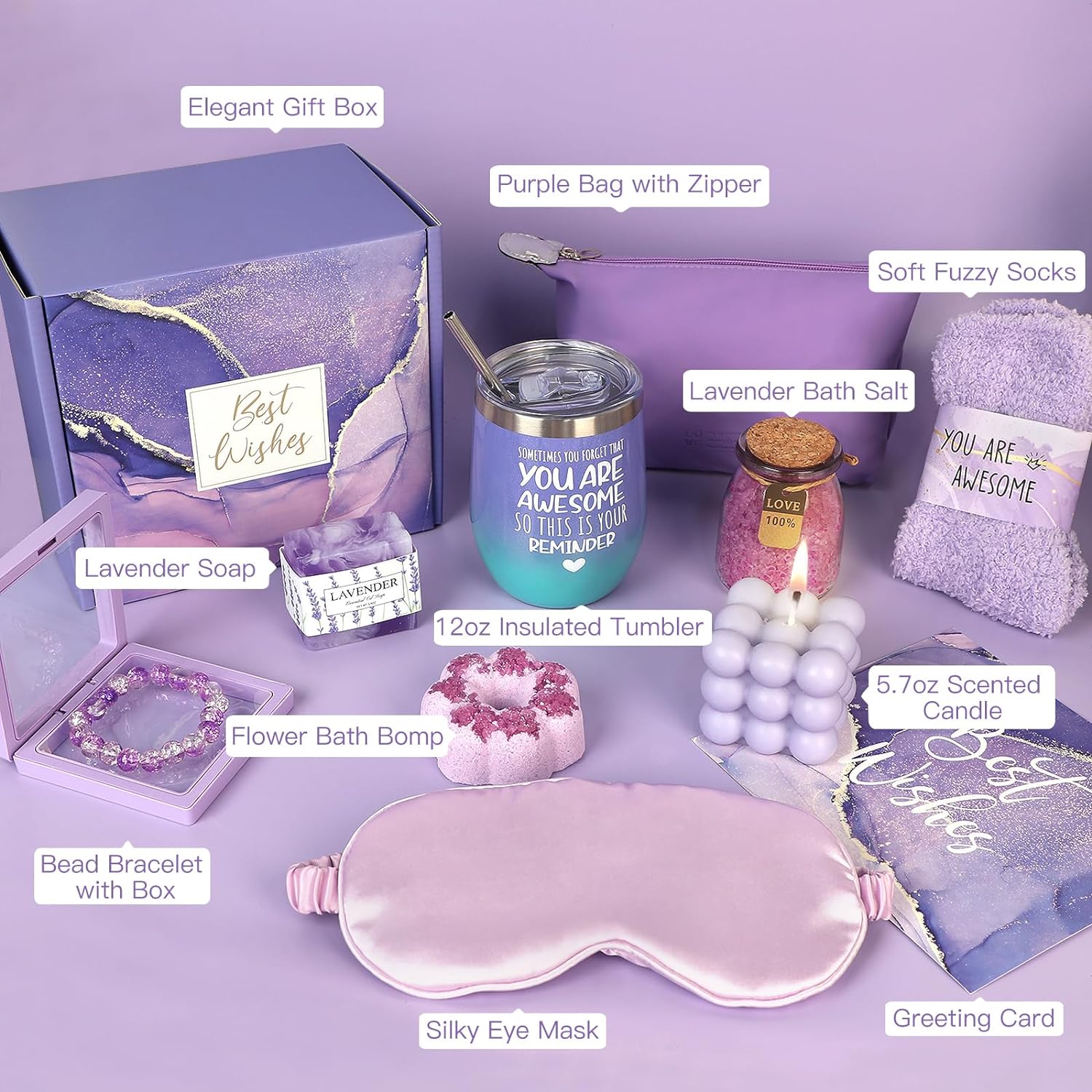 Birthday Gifts for Women, Happy Birthday Bath Relaxing Spa Gift Set Basket Box, Ideas for her, Mom, Sister, Female, Friends, Bestie, Wife, Sister Girlfriend, Daughter, Coworker, Aunt - 11PCS Purple