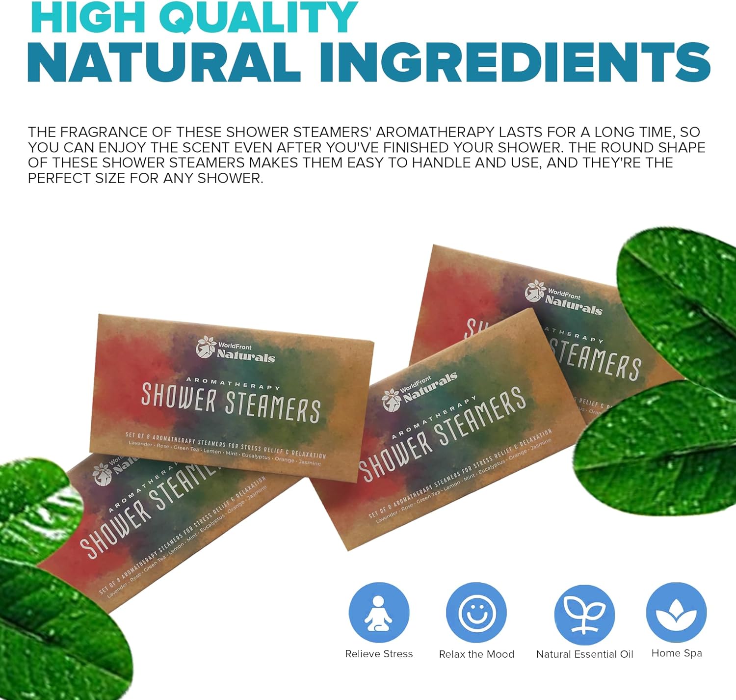 WorldFront Naturals Brand Round Shower Steamers Set - Aromatherapy Bath Bombs with 8 Natural Pure Essential Oils for Home Spa, 8-Pack Different Flavors Tablets - Perfect Gifts for Women