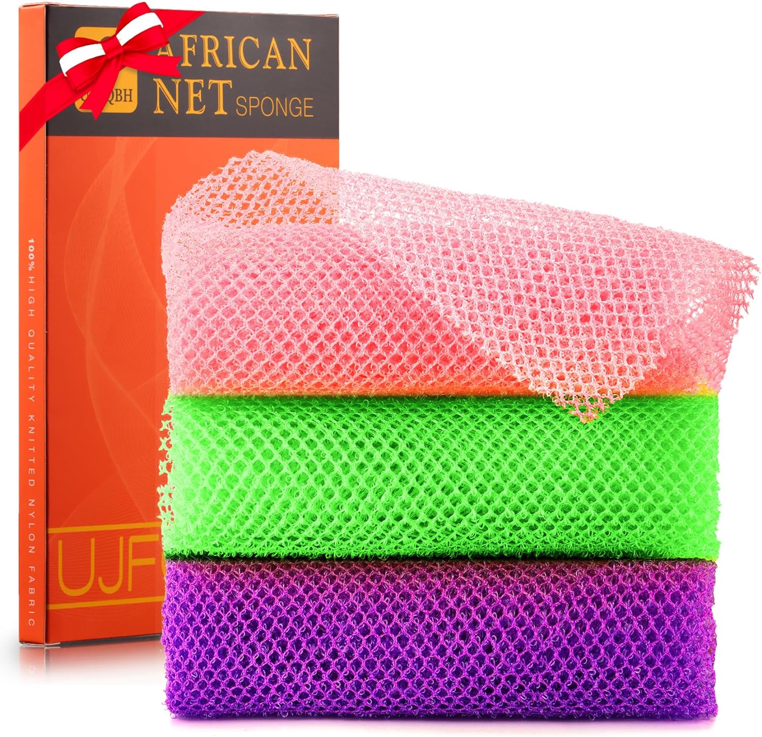 UJFQBH 3 Pieces African Bath Sponge African Net Long Net Bath Sponge Exfoliating Shower Body Scrubber Back Scrubber Skin Smoother,Great for Daily Use (Pink,Yellow,Purple)