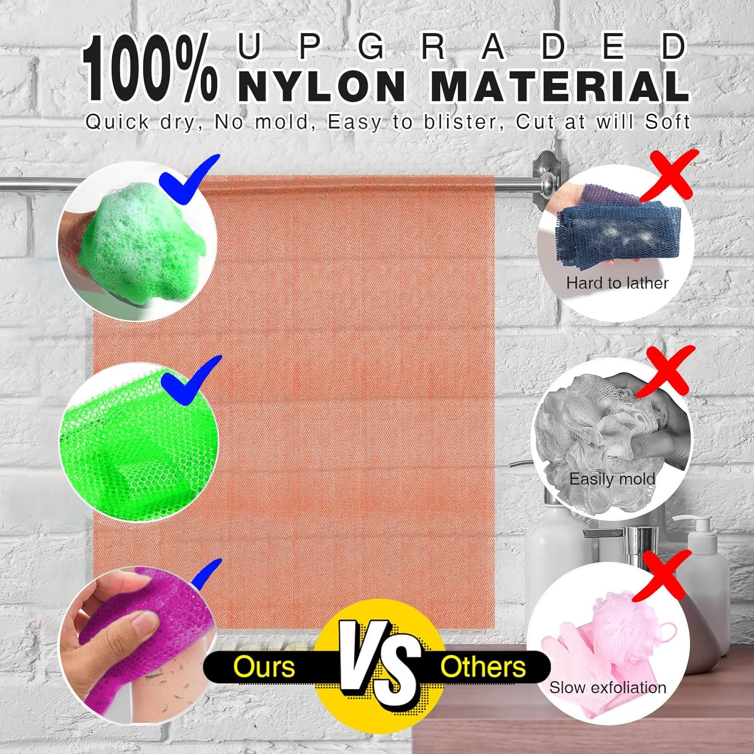 UJFQBH 3 Pieces African Bath Sponge African Net Long Net Bath Sponge Exfoliating Shower Body Scrubber Back Scrubber Skin Smoother,Great for Daily Use (Pink,Yellow,Purple)