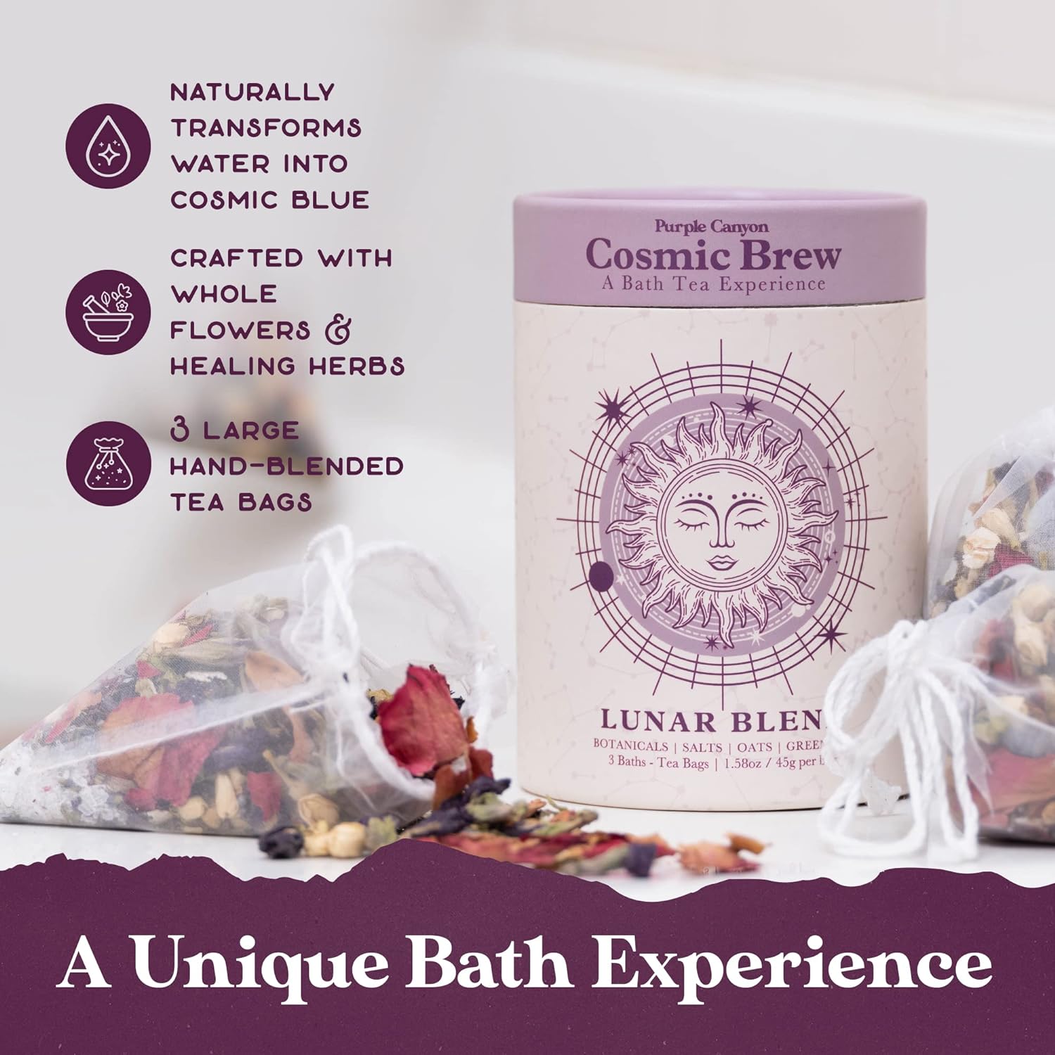 Lunar Blend Bath Tea by Purple Canyon | 3 Relaxing Bath Soaks with Lavender, Green Tea, Epsom Salt, and Essential Oils | Skin Care Gifts for Women