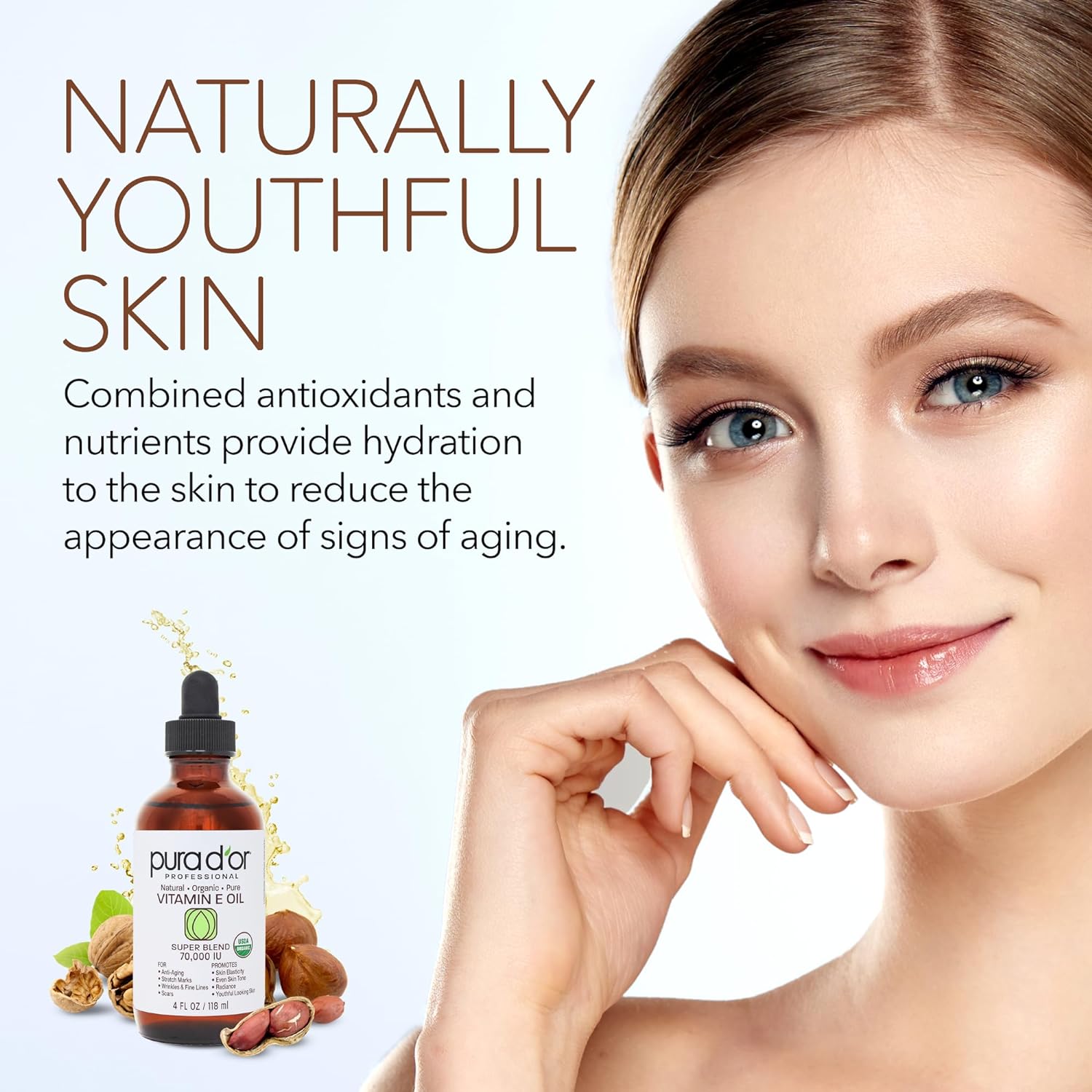 PURA D'OR Organic Vitamin E Oil Blend 70,000 IU (4oz / 118mL) 100% Natural Hexane Free, Sweet Almond, Apricot, Jojoba, Argan, Rosehip, Sunflower & Avocado Bath Oil for Scars, Skin, Face & Full Body