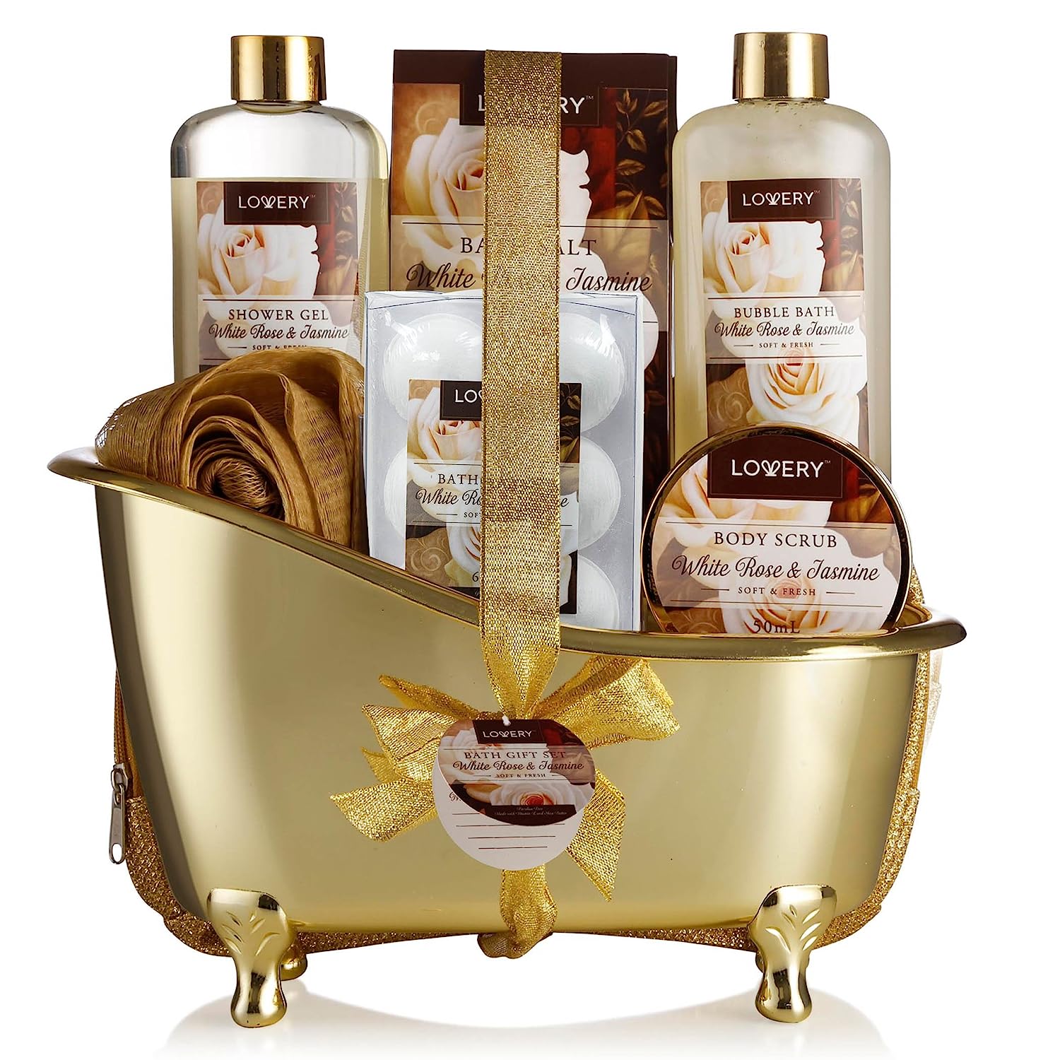 Valentines Gifts Home Spa Gift Basket, Luxury 13pc Bath & Body Set For Men & Women, White Rose & Jasmine Scent - Shower Gel, Bubble Bath, Body Scrub, Salts, 6 Bath Bombs, Pouf, Cosmetic Bag & Gold Tub