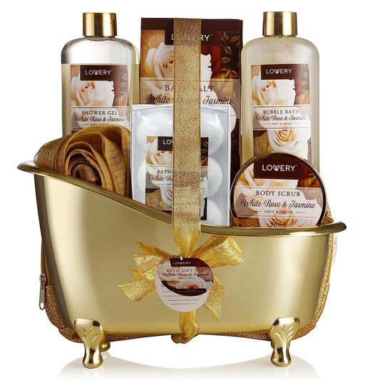 Valentines Gifts Home Spa Gift Basket, Luxury 13pc Bath & Body Set For Men & Women, White Rose & Jasmine Scent - Shower Gel, Bubble Bath, Body Scrub, Salts, 6 Bath Bombs, Pouf, Cosmetic Bag & Gold Tub