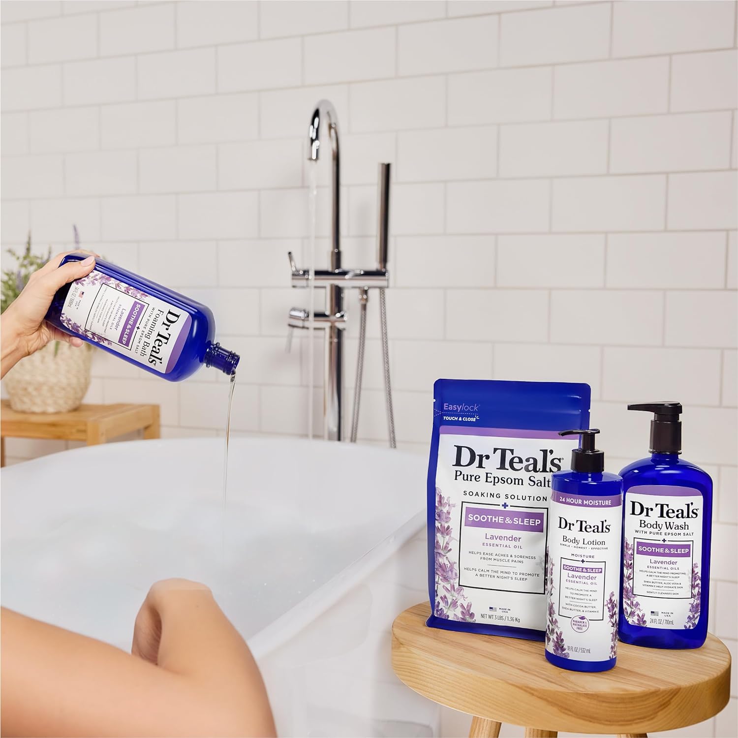 Dr Teal's Foaming Bath with Pure Epsom Salt, Sleep Blend with Melatonin, Lavender & Chamomile Essential Oils, 34 fl oz (Pack of 4) (Packaging May Vary)