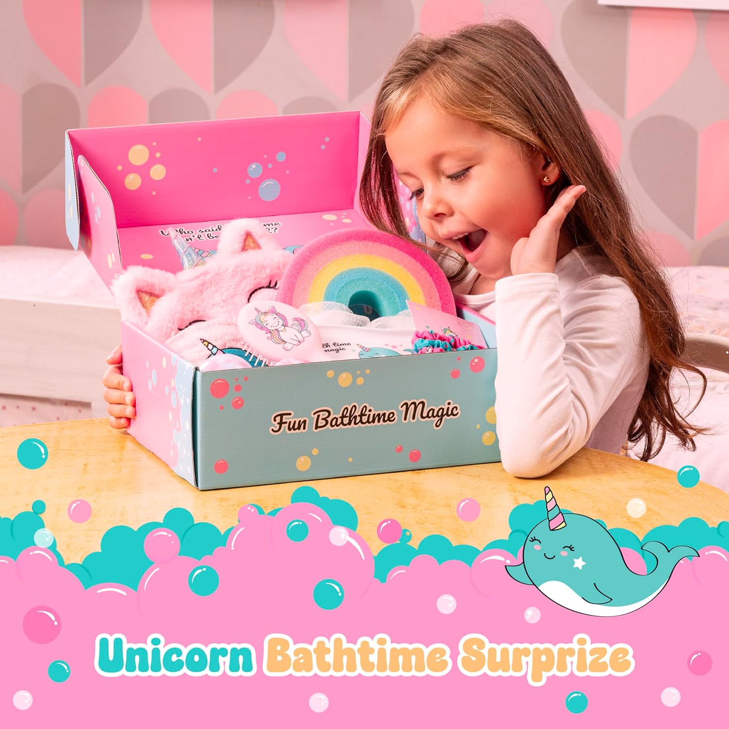 Unicorn Bath Gift Set for Girls Ages 3-8,10 pcs Kids Gift Box with Bath Bombs,Sponge,Eye mask&Hairbrush,Fun Birtday and Holiday Present,Lovely gifts.