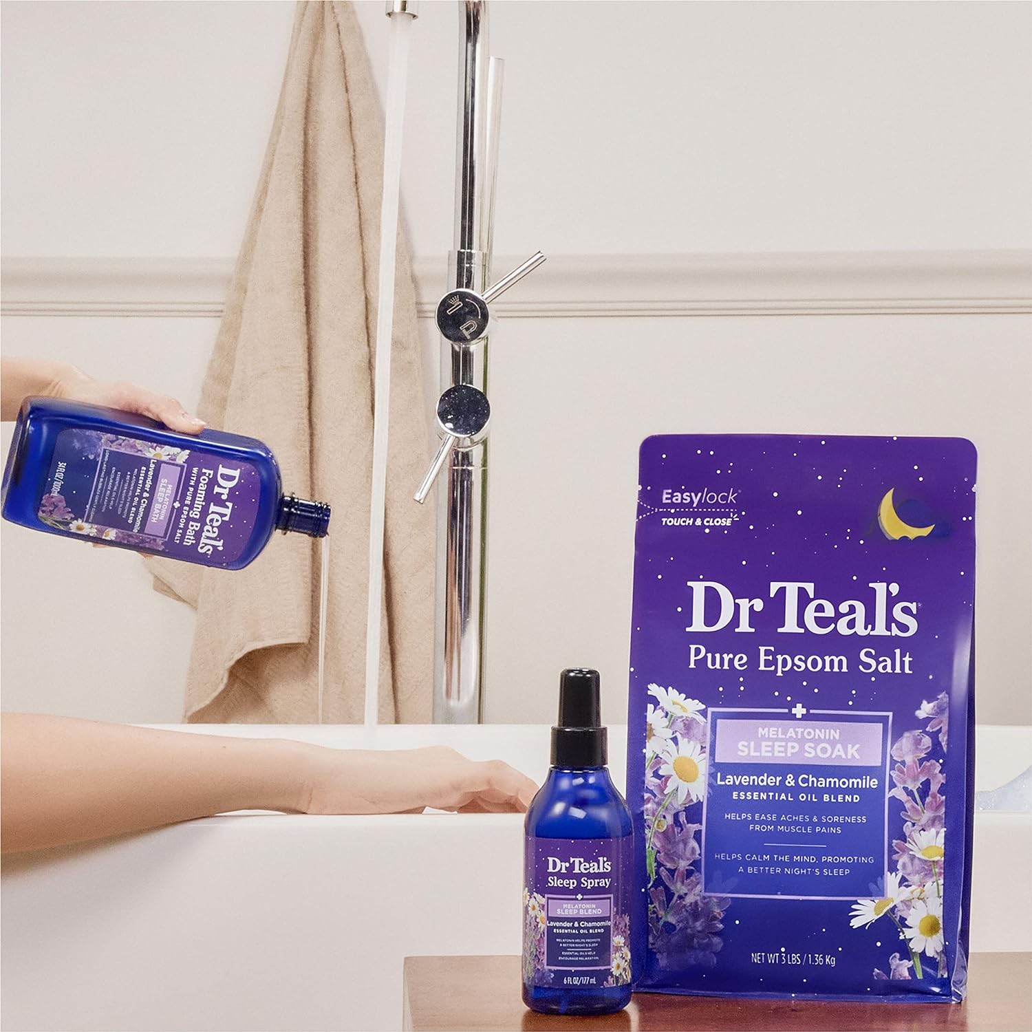 Dr Teal's Foaming Bath with Pure Epsom Salt, Sleep Blend with Melatonin, Lavender & Chamomile Essential Oils, 34 fl oz (Pack of 4) (Packaging May Vary)