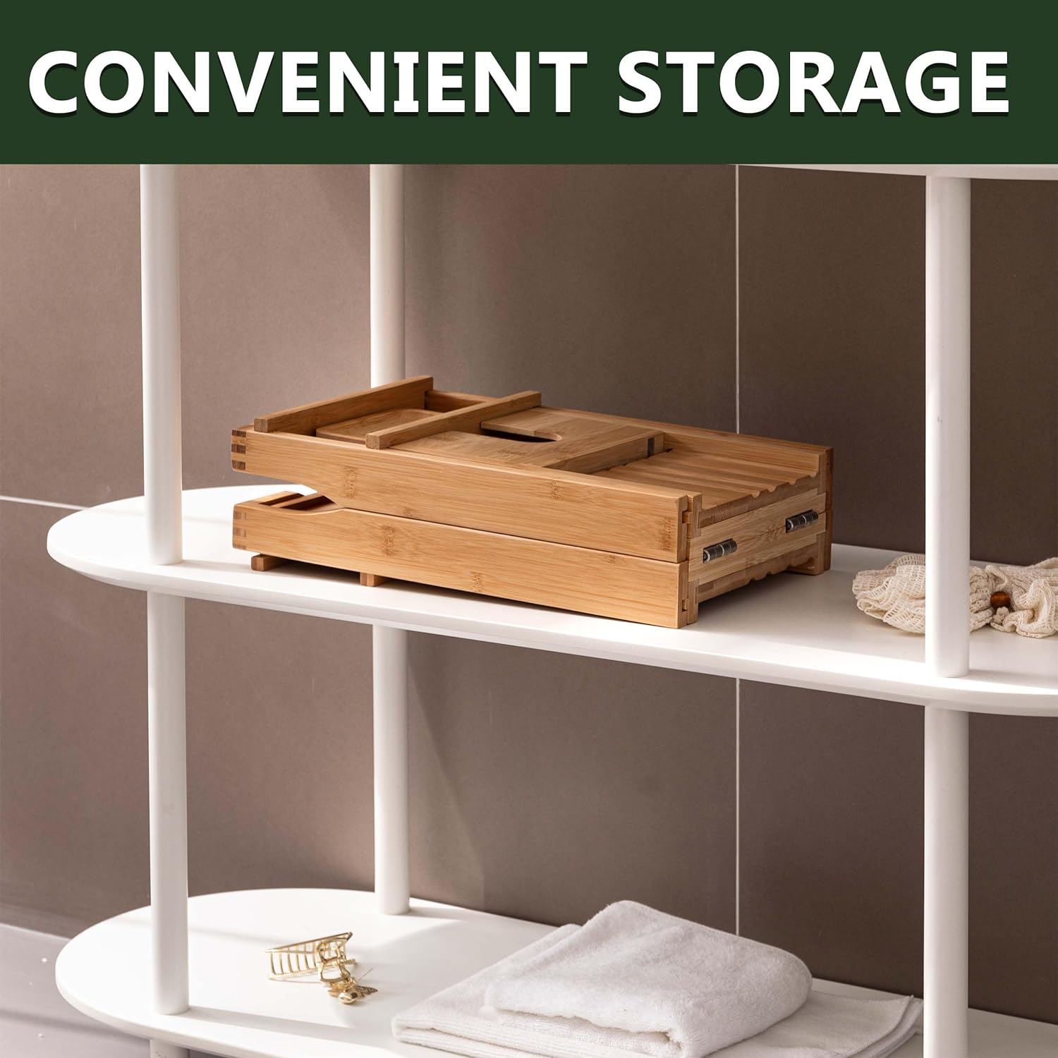 HBlife Bathtub Caddy Tray Foldable Bamboo Bath Table Tray with Book and Wine Glass Holder, Expandable Bathroom Accessories