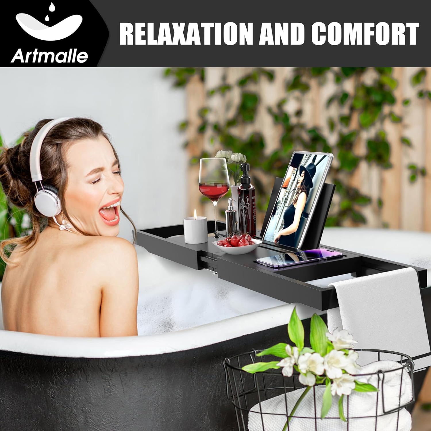 Artmalle Bathtub Caddy Tray for Tub,Foldable Bamboo Bath Table Tray with Book and Wine Glass Holder, Expandable Bathroom Accessories with Free Soap Dish Suitable for Luxury Spa or Reading