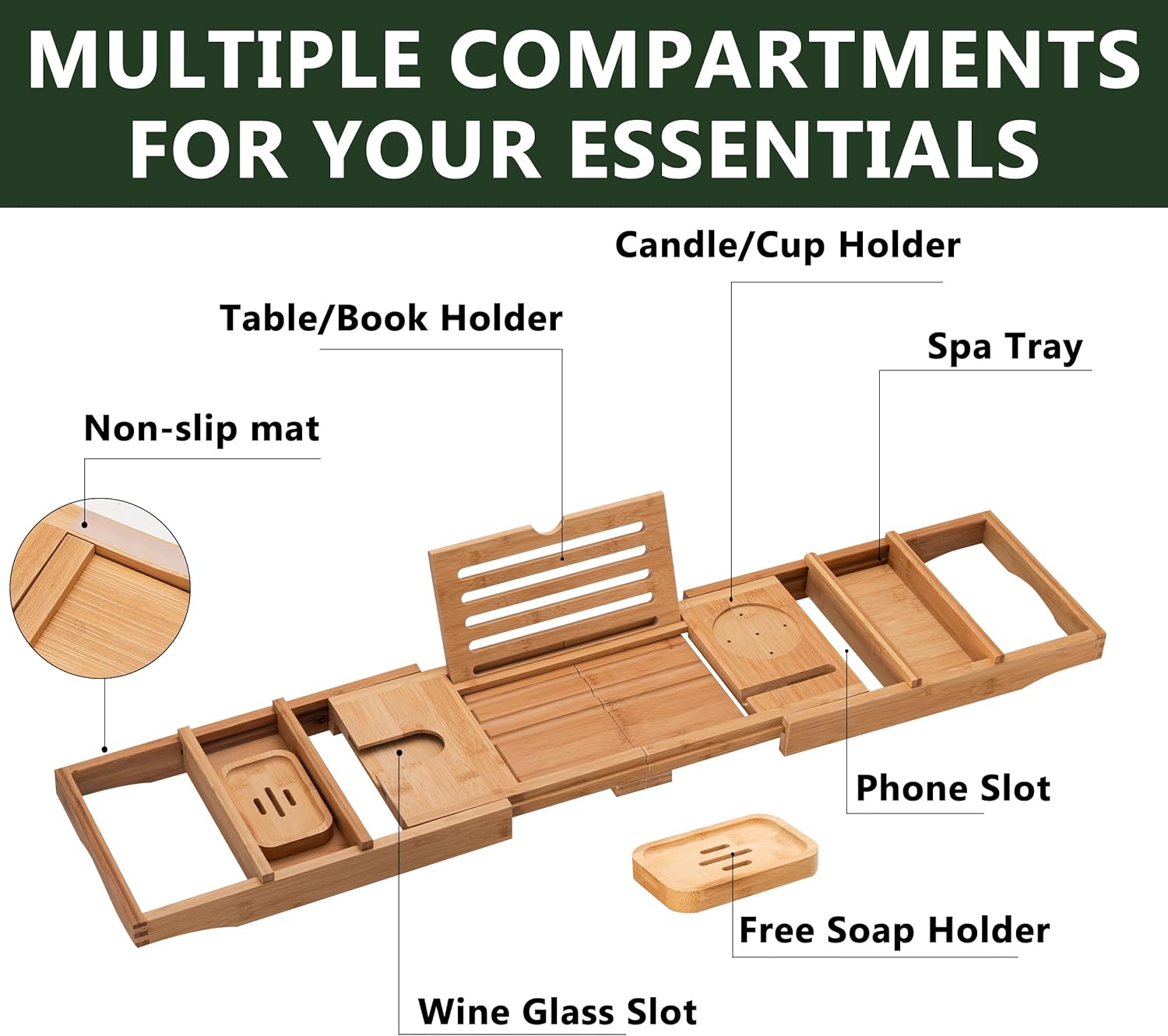 HBlife Bathtub Caddy Tray Foldable Bamboo Bath Table Tray with Book and Wine Glass Holder, Expandable Bathroom Accessories