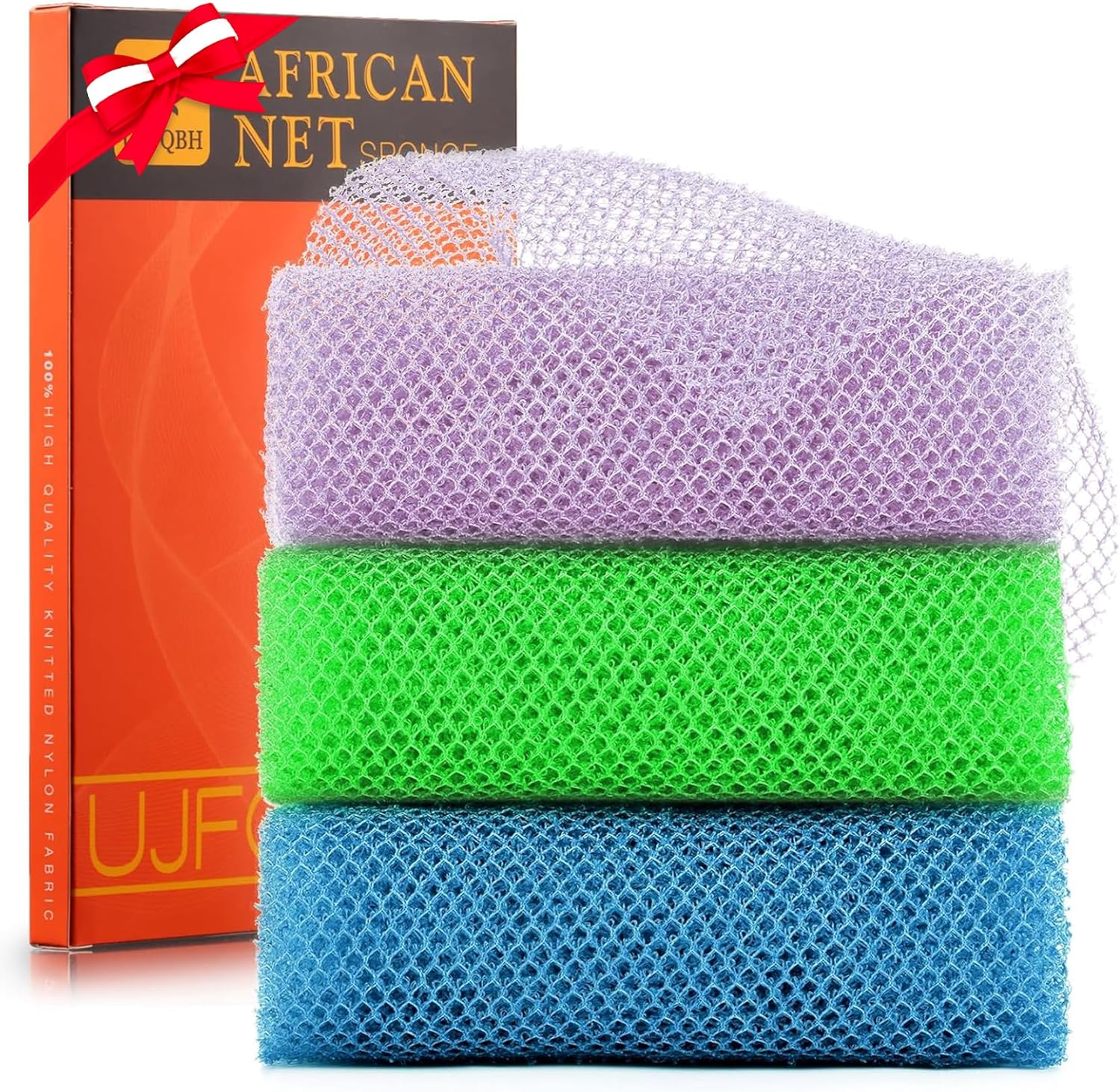 UJFQBH 3 Pieces African Bath Sponge African Net Long Net Bath Sponge Exfoliating Shower Body Scrubber Back Scrubber Skin Smoother,Great for Daily Use (Pink,Yellow,Purple)