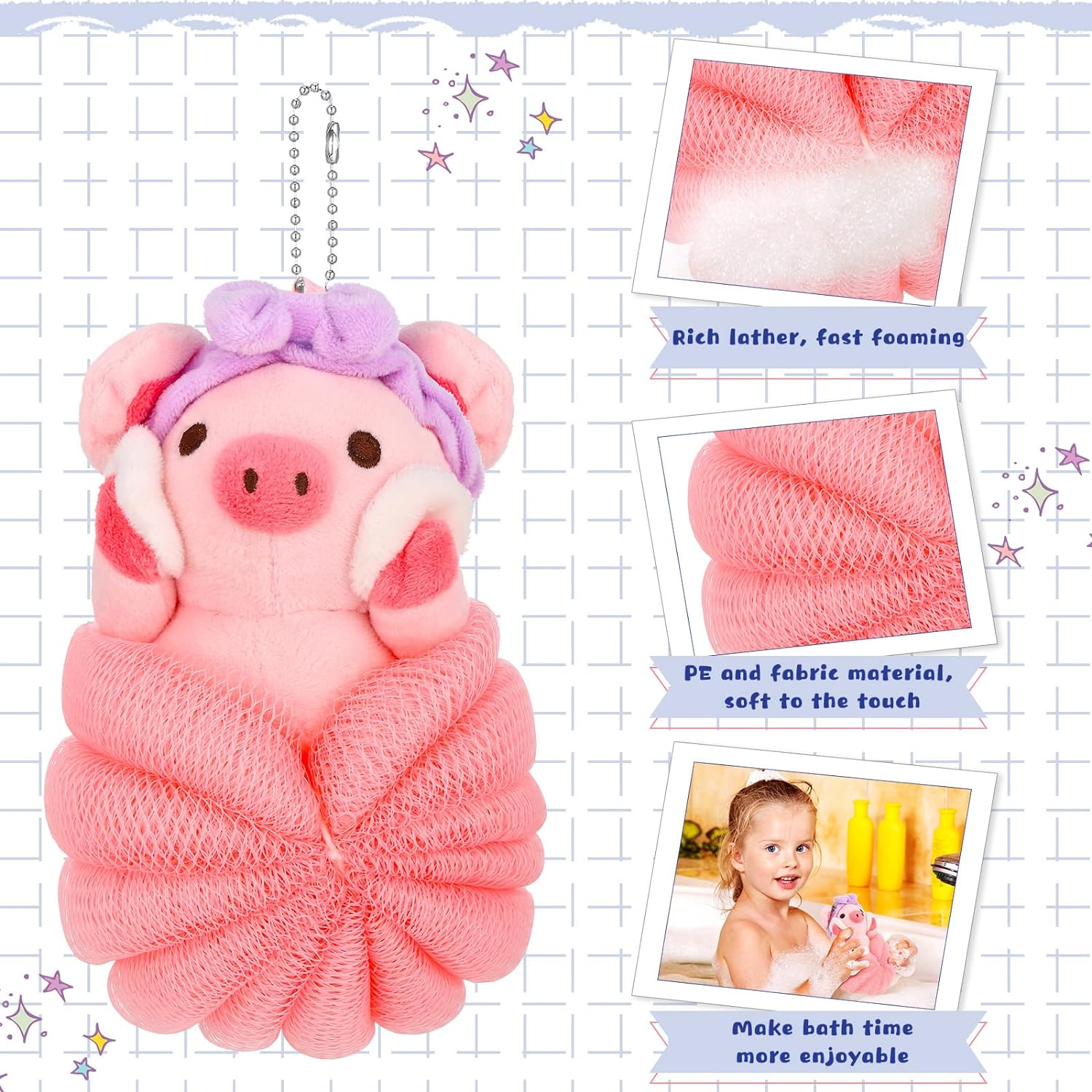 Vesici 2 Pcs Bath Sponge Kids Body Shower Loofah Cute Animal Cartoon Colorful Baby Pouf Mesh for Toddler Children Adults Gifts Washing Exfoliating, Pig and Cow 1 count