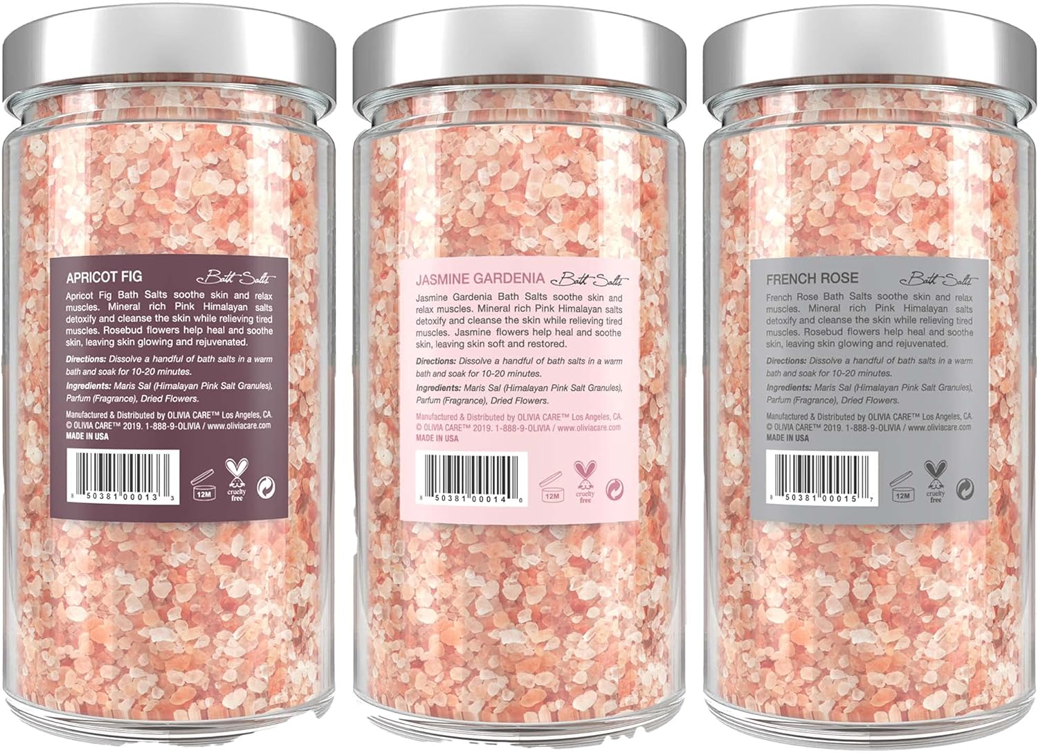 OLIVIA CARE 3 Pack Bath Salt Combo by Apricot Fig, French Rose & Jasmine Gardenia - Relieves & Relax Muscles. Exfoliate, Rejuvenate & Soothes Natural
