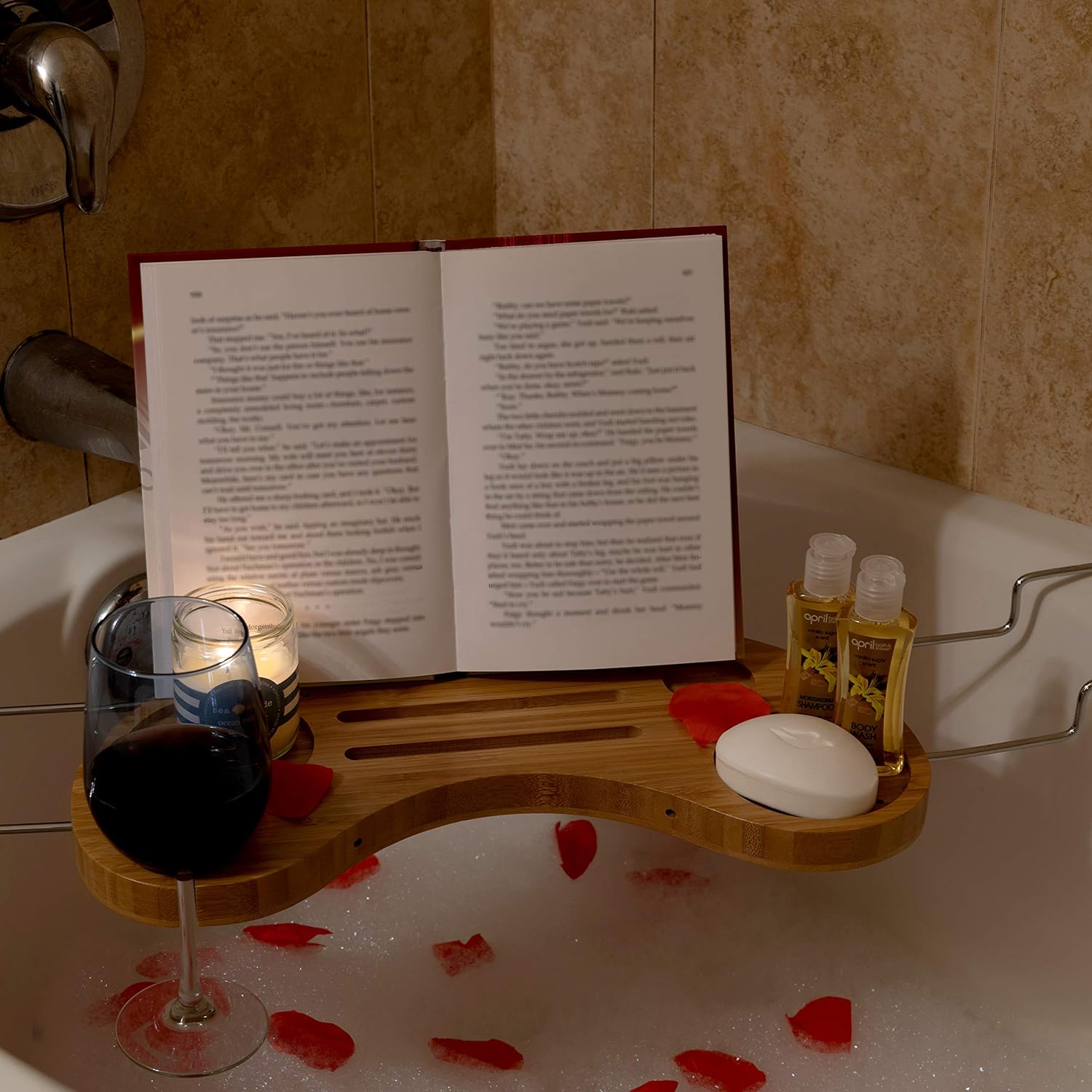 Olivia & Aiden Luxury Bathtub Caddy Tray (Bamboo) Expandable Tub Organizer w/Detachable Tablet Backrest, Wine Glass Holder, Smartphone Holder | Portable Spa Comfort