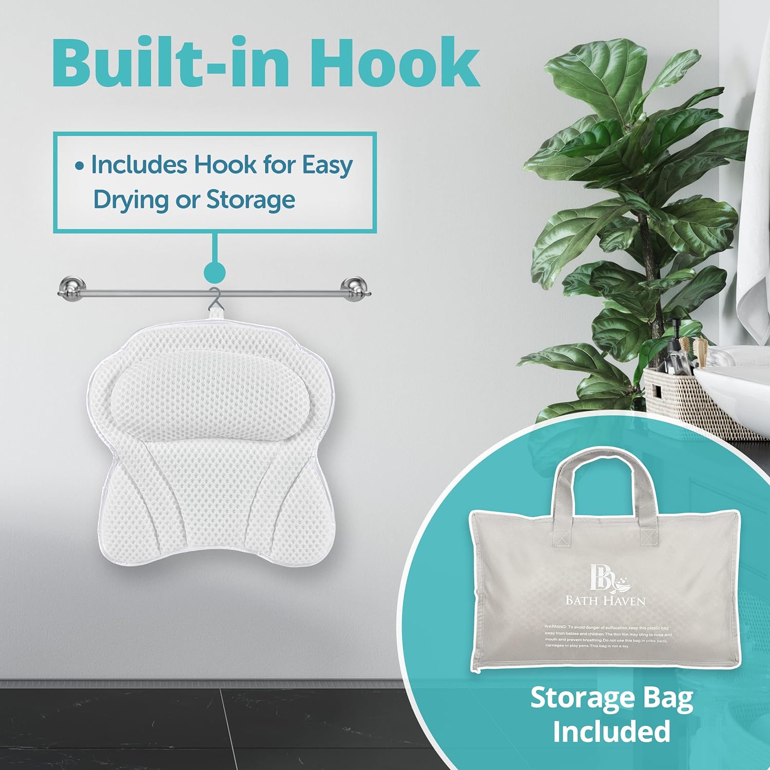 Bath Pillow Bathtub Pillow Back Neck Support Pillow, Spa Cushion for Tub, Relaxing Headrest Bath Pillow, Portable Washable Bathtub Accessories with 3D Air Mesh Thick Soft Bath Pillow, White