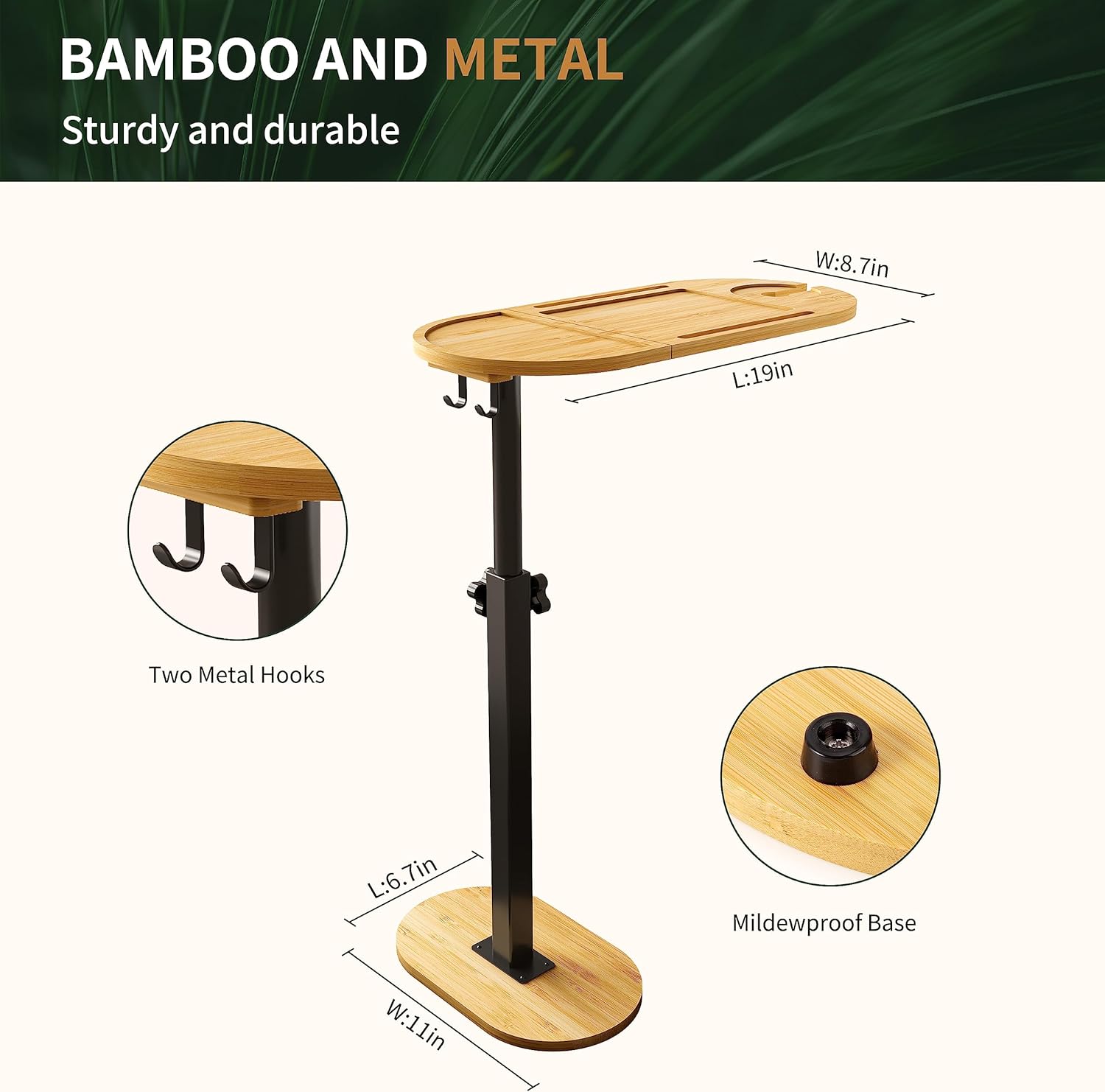 Ackitry Bamboo Bathtub Tray Table with 17-32 inch Adjustable Height, Liftable Freestanding Bath Caddy Tray for Tub Against Wall, Bathtub Side Table Shelf for Luxury Bath Home Spa Bathtub Accessories