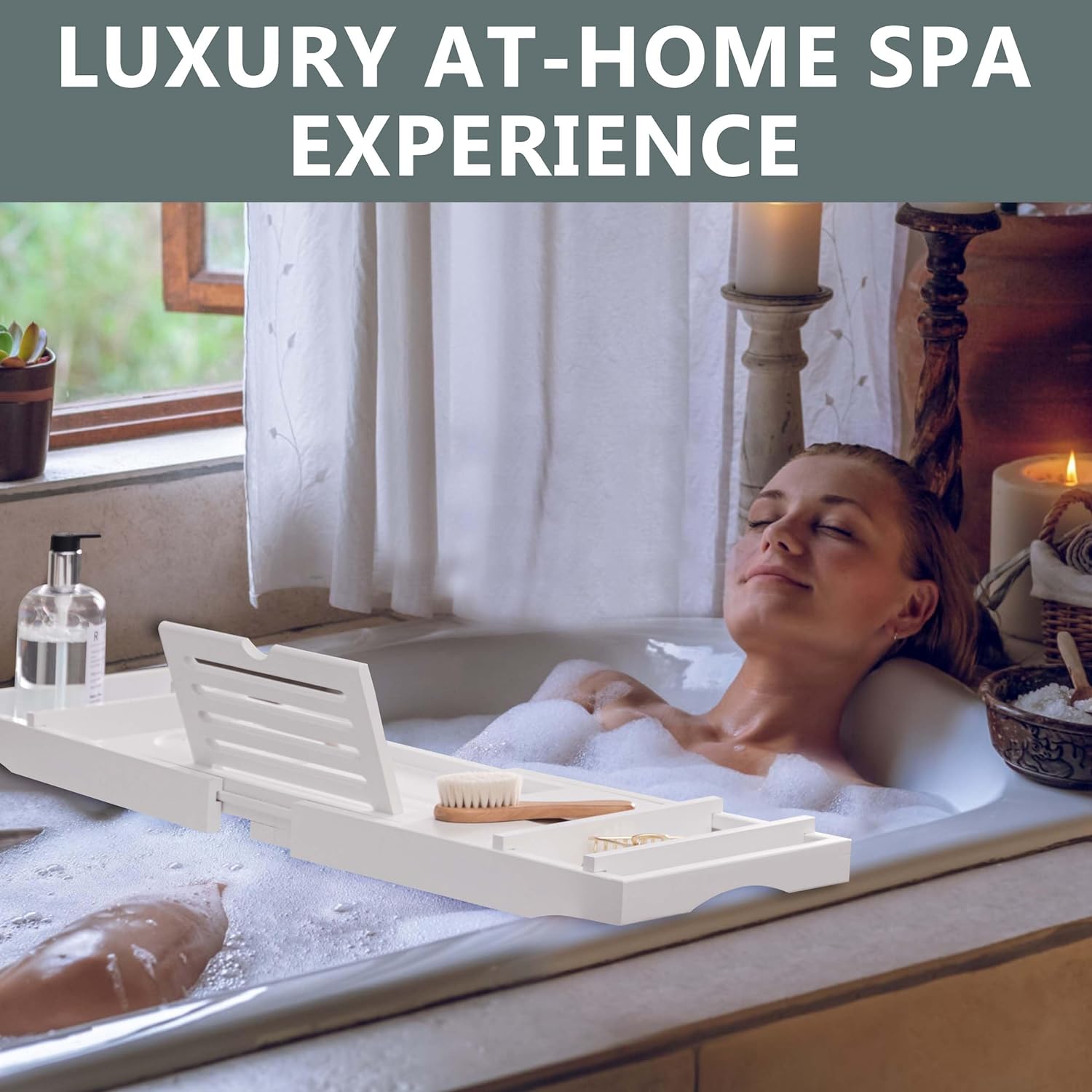 HBlife Bathtub Caddy Tray Foldable Bamboo Bath Table Tray with Book and Wine Glass Holder, Expandable Bathroom Accessories