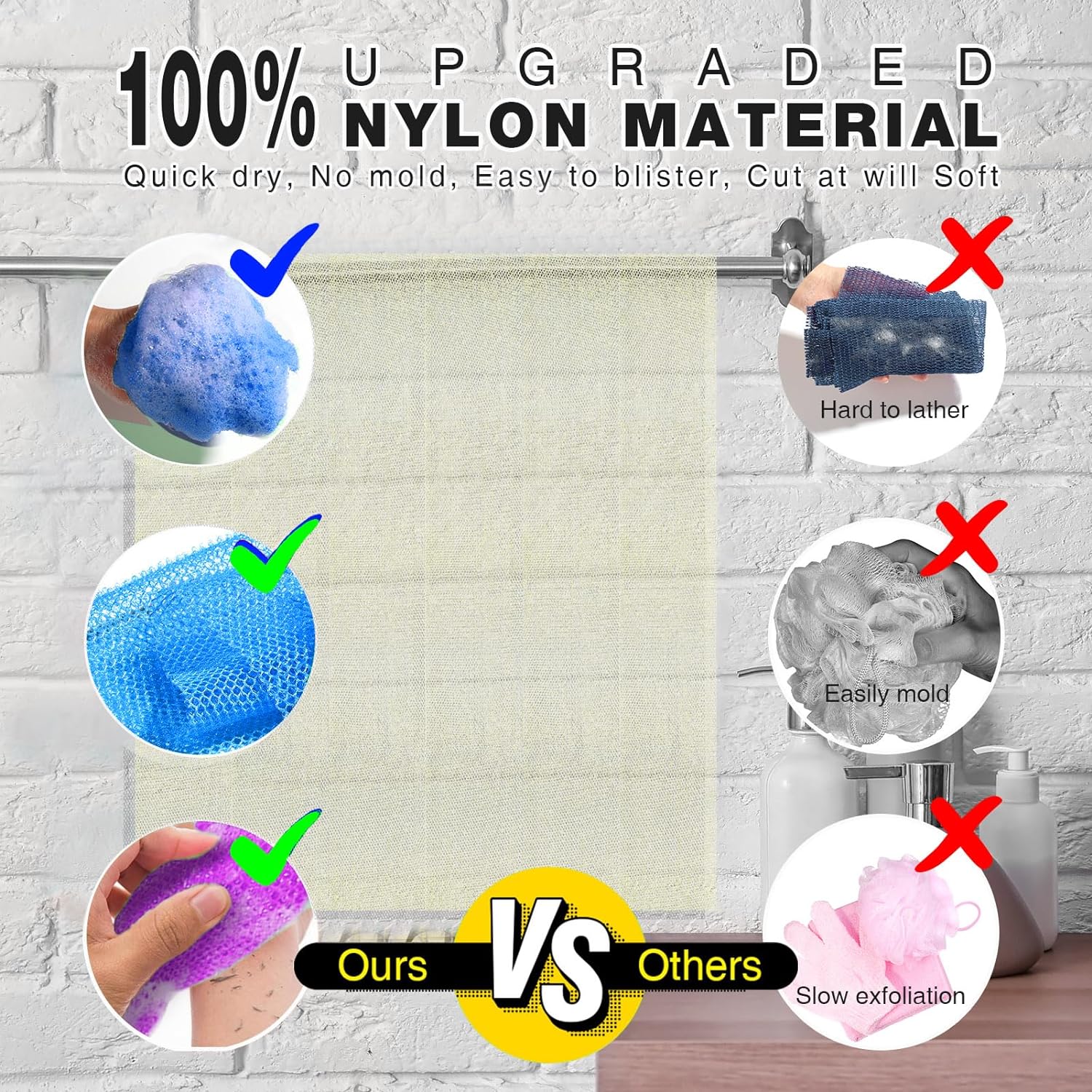 UJFQBH 3 Pieces African Bath Sponge African Net Long Net Bath Sponge Exfoliating Shower Body Scrubber Back Scrubber Skin Smoother,Great for Daily Use (Pink,Yellow,Purple)